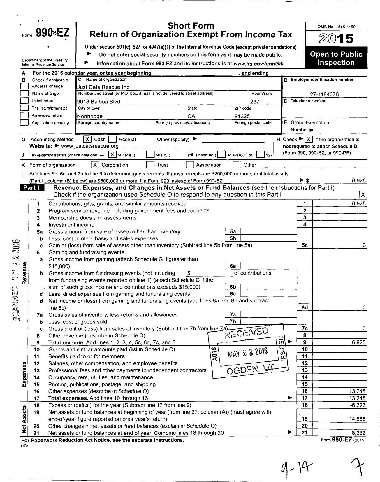 Image of first page of 2015 Form 990EZ for Just Cats Rescue