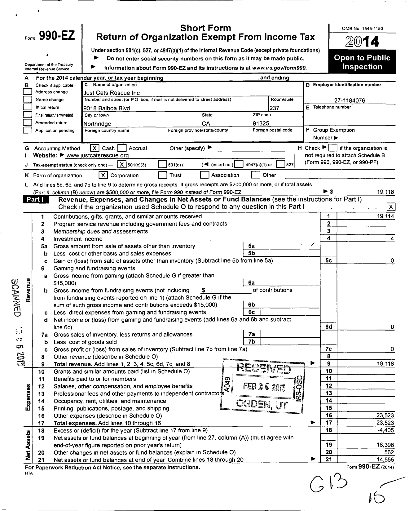 Image of first page of 2014 Form 990EZ for Just Cats Rescue