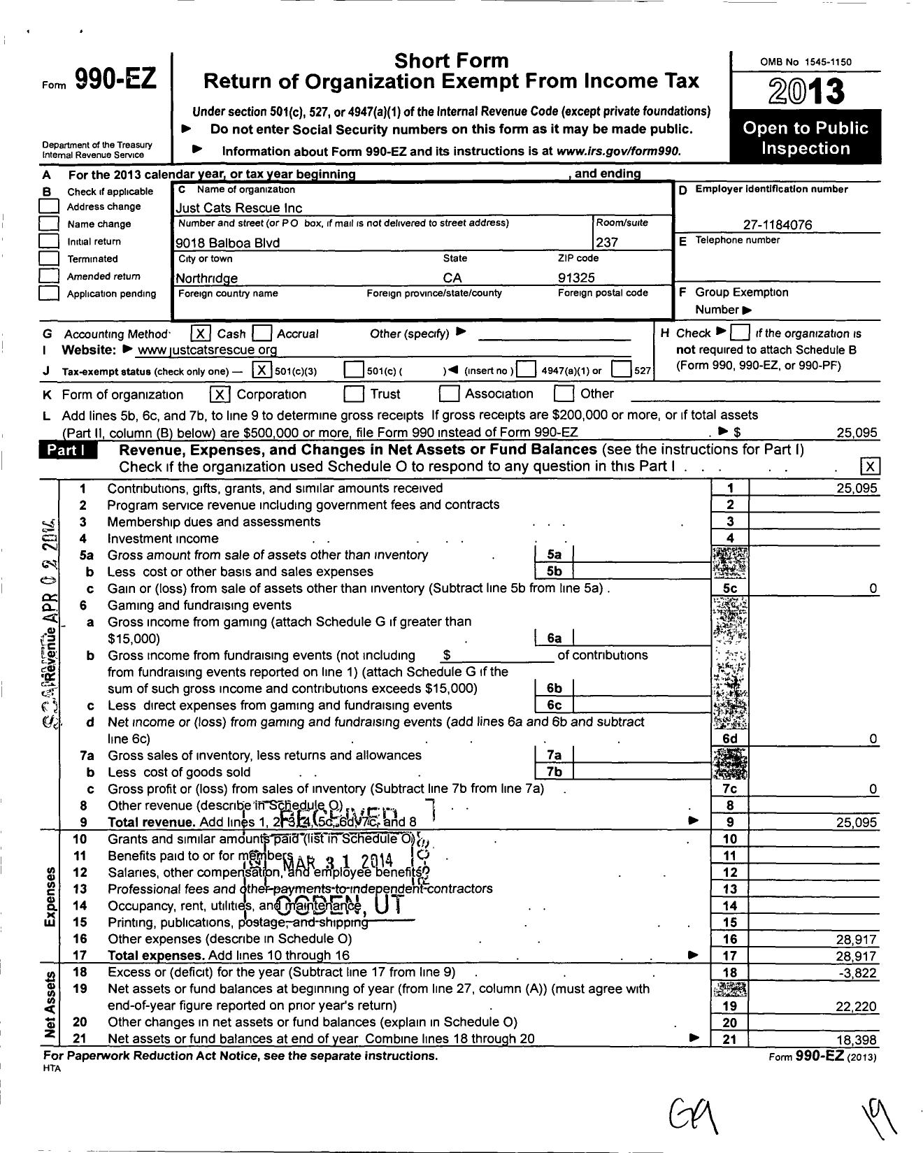 Image of first page of 2013 Form 990EZ for Just Cats Rescue