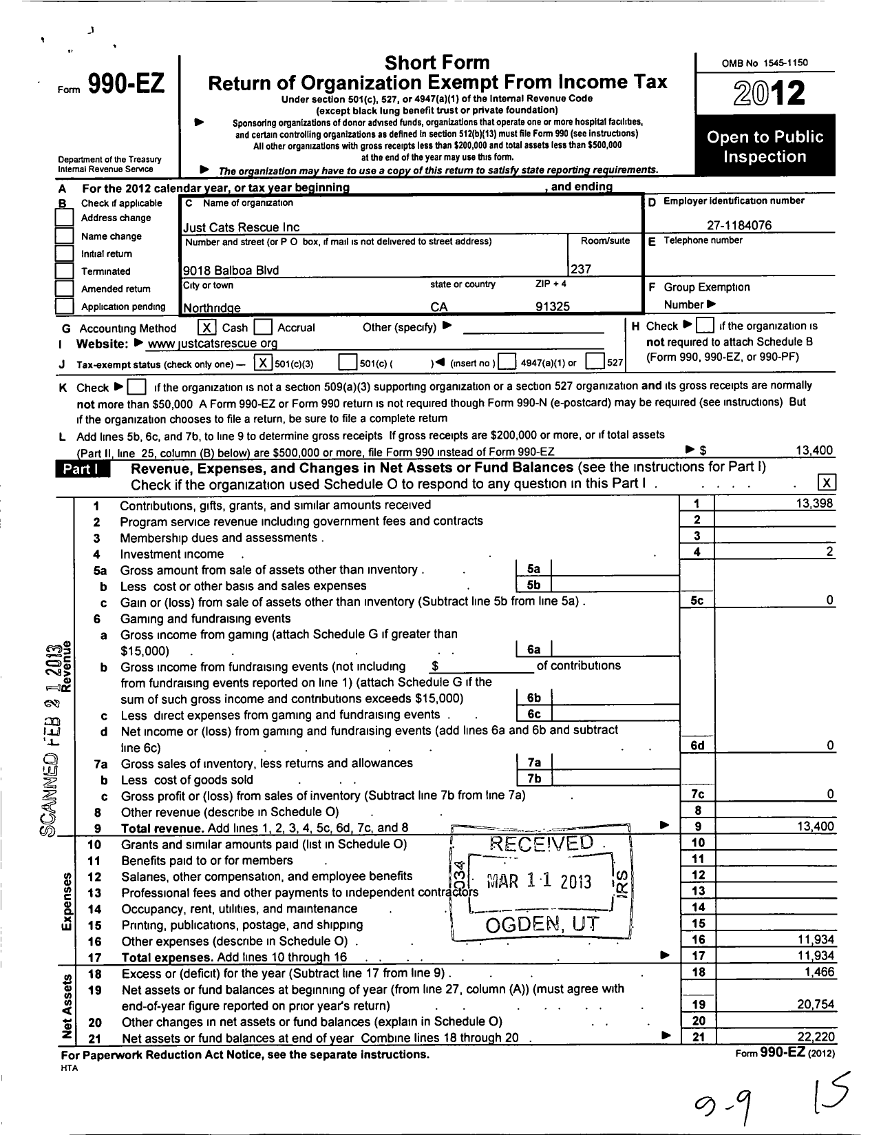 Image of first page of 2012 Form 990EZ for Just Cats Rescue