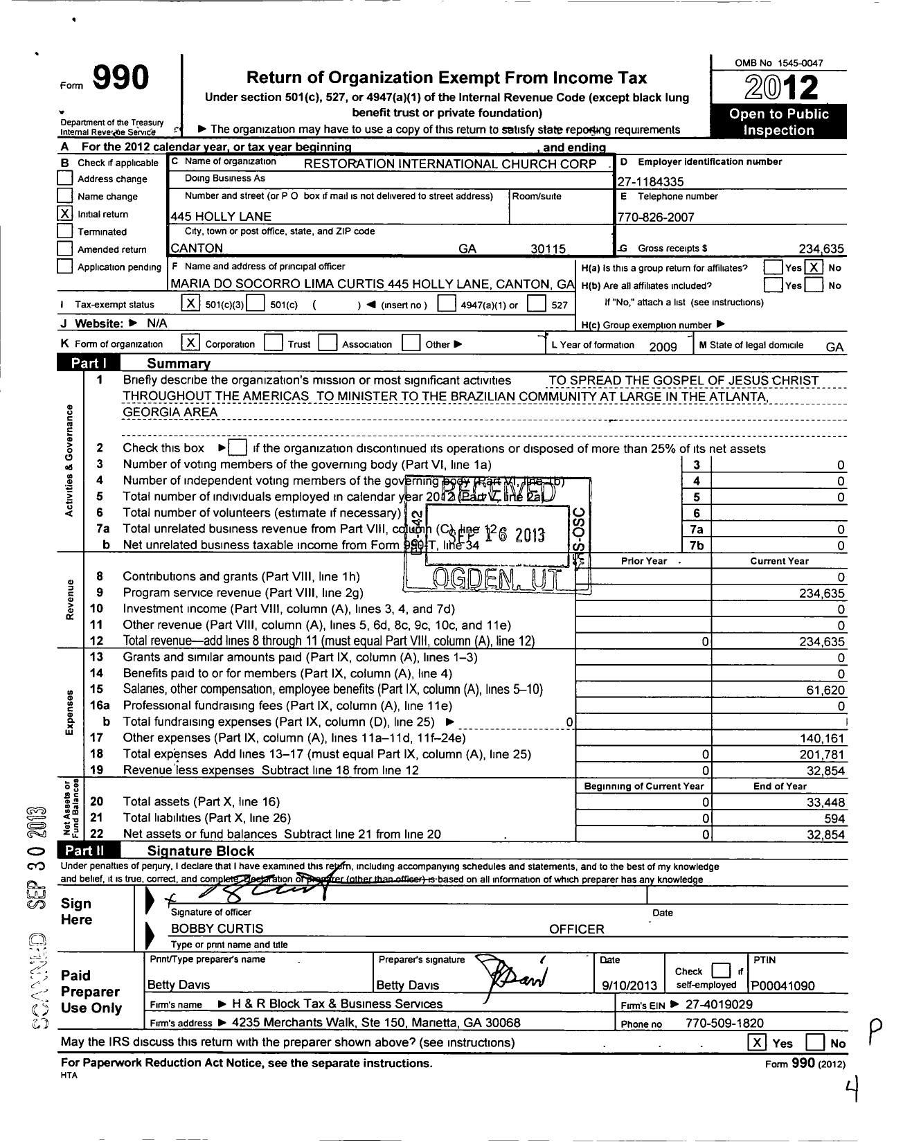 Image of first page of 2012 Form 990 for Restoration International Church