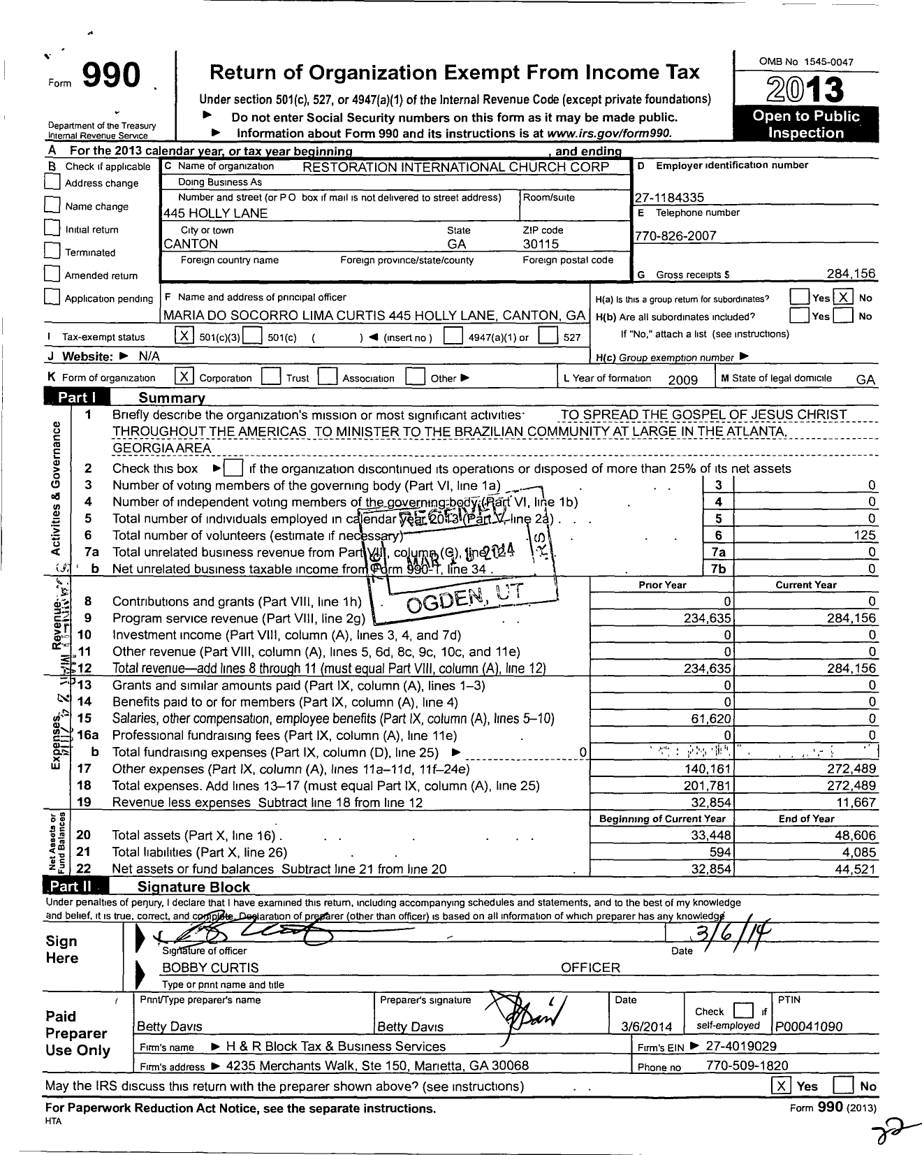 Image of first page of 2013 Form 990 for Restoration International Church