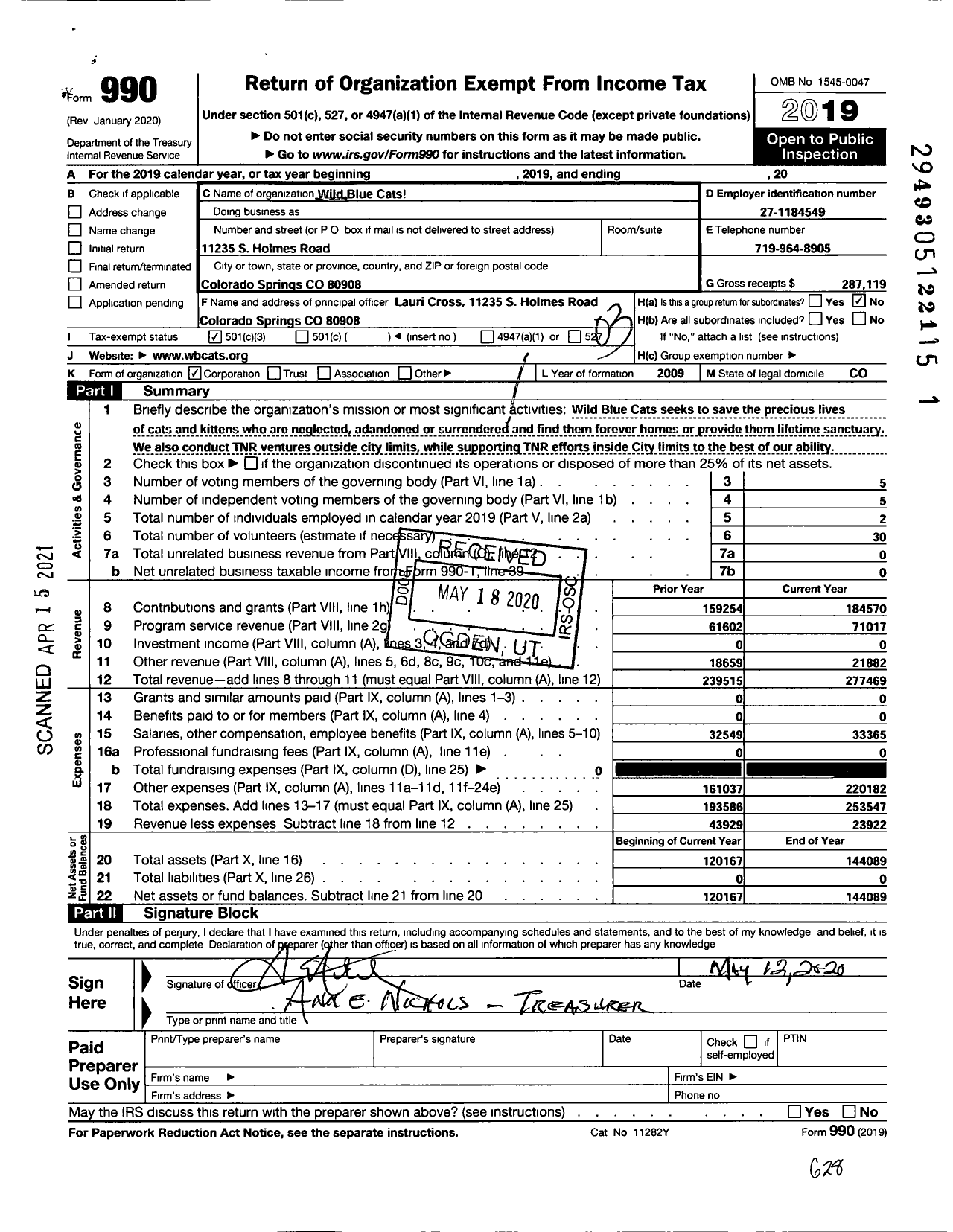 Image of first page of 2019 Form 990 for Wild Blue Cats