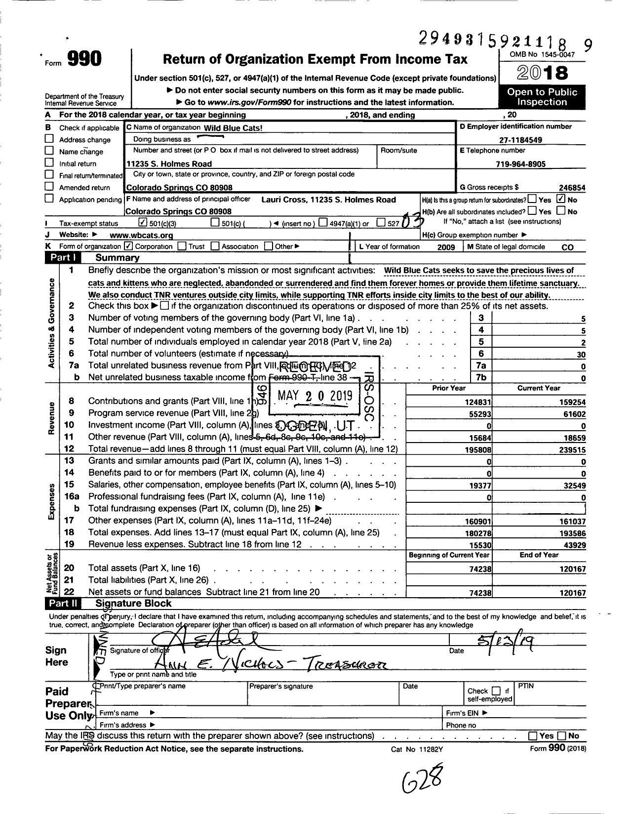 Image of first page of 2018 Form 990 for Wild Blue Cats