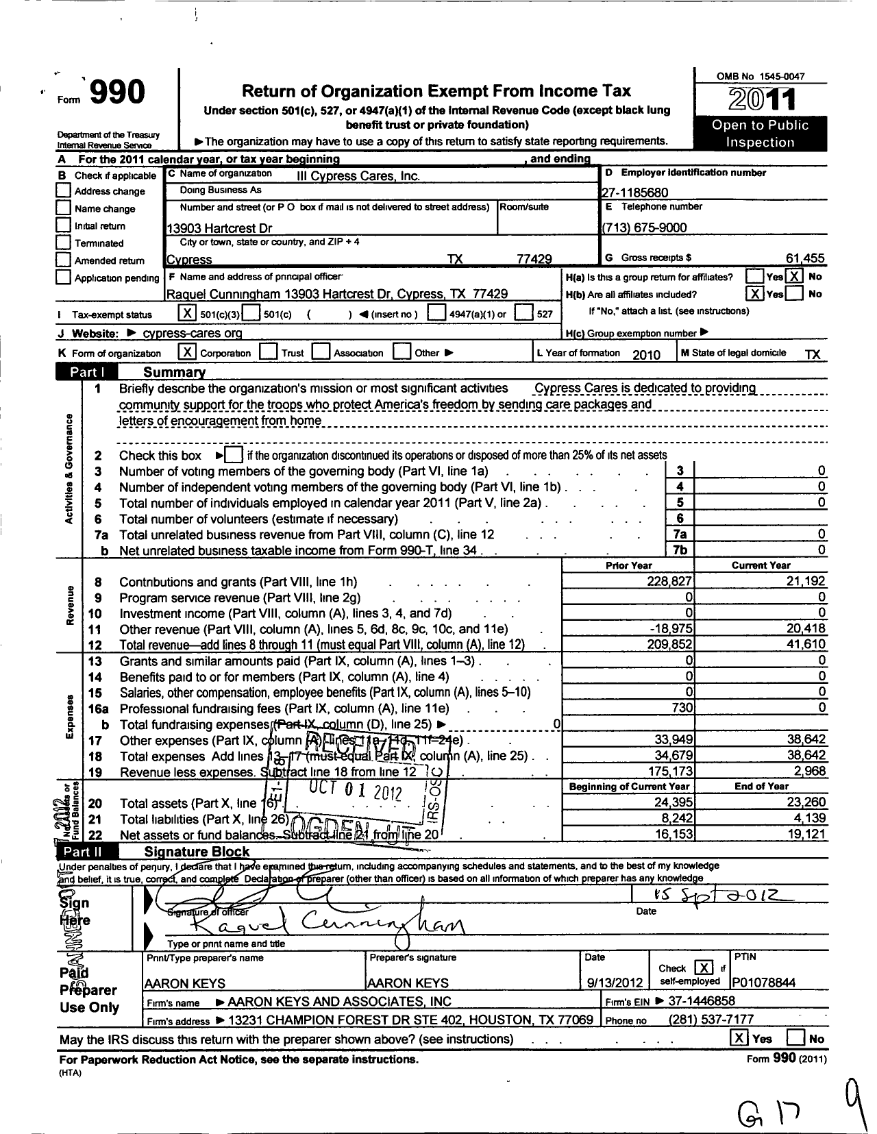 Image of first page of 2011 Form 990 for III Cypress Cares