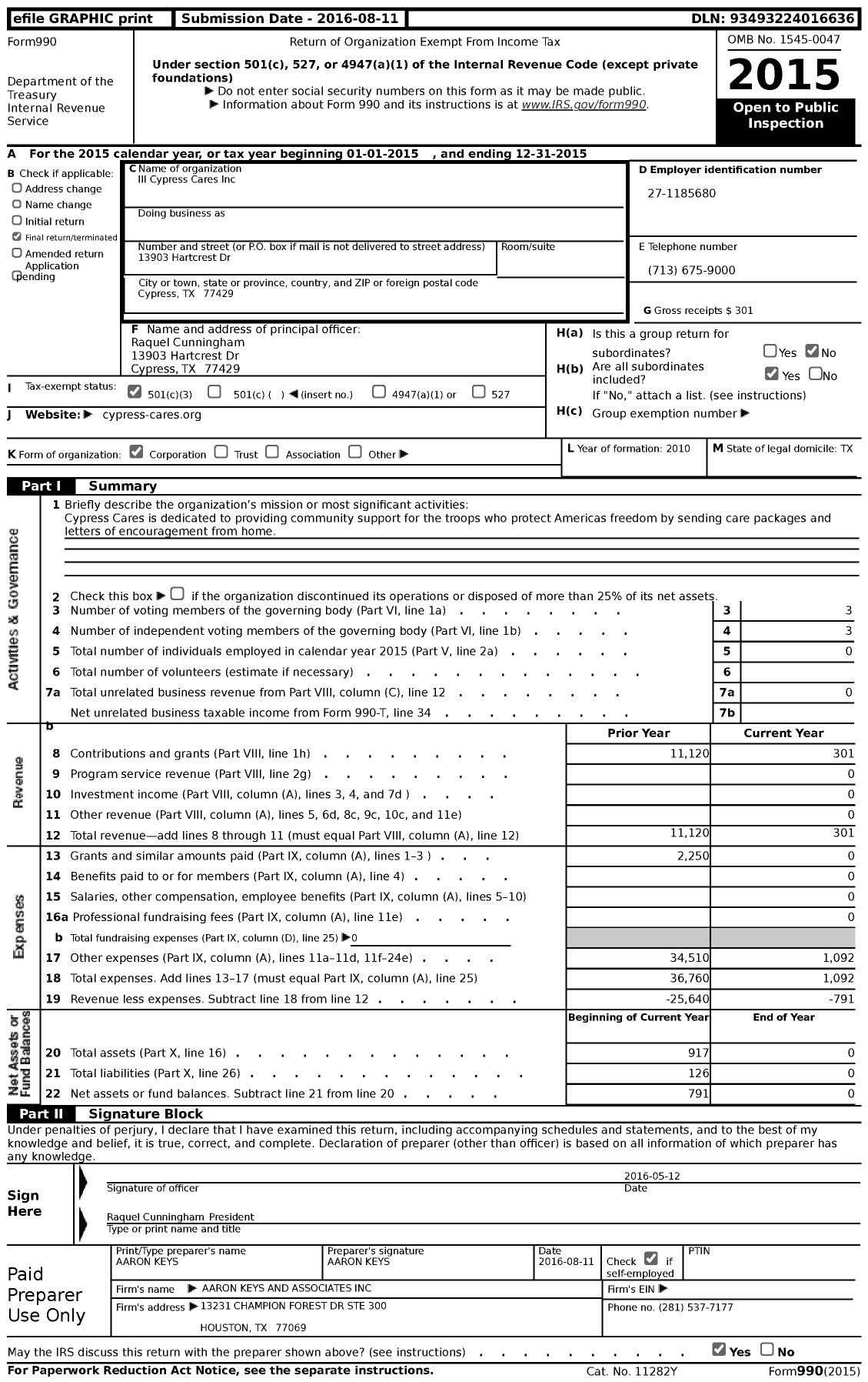 Image of first page of 2015 Form 990 for III Cypress Cares