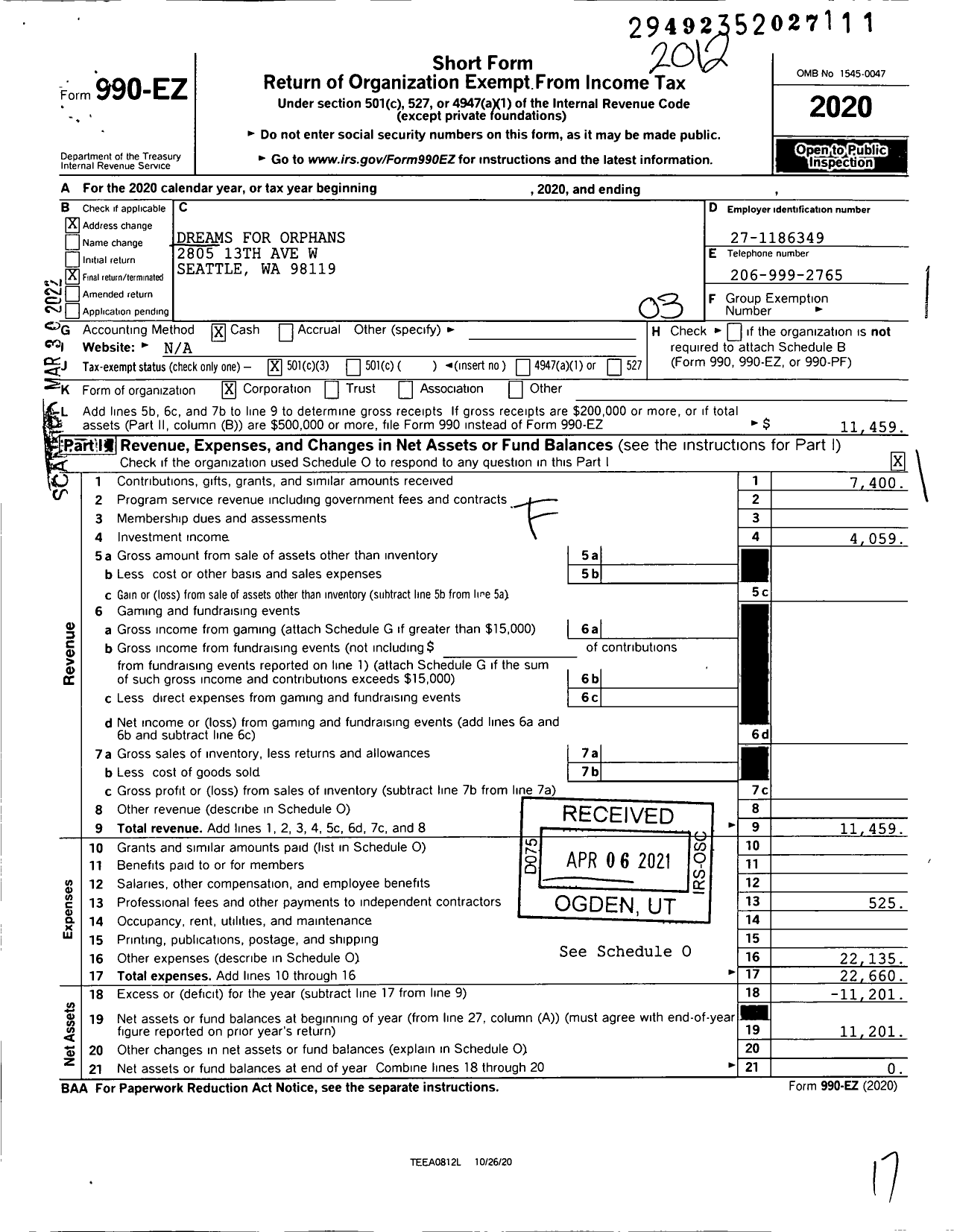 Image of first page of 2020 Form 990EZ for Dreams For Orphans