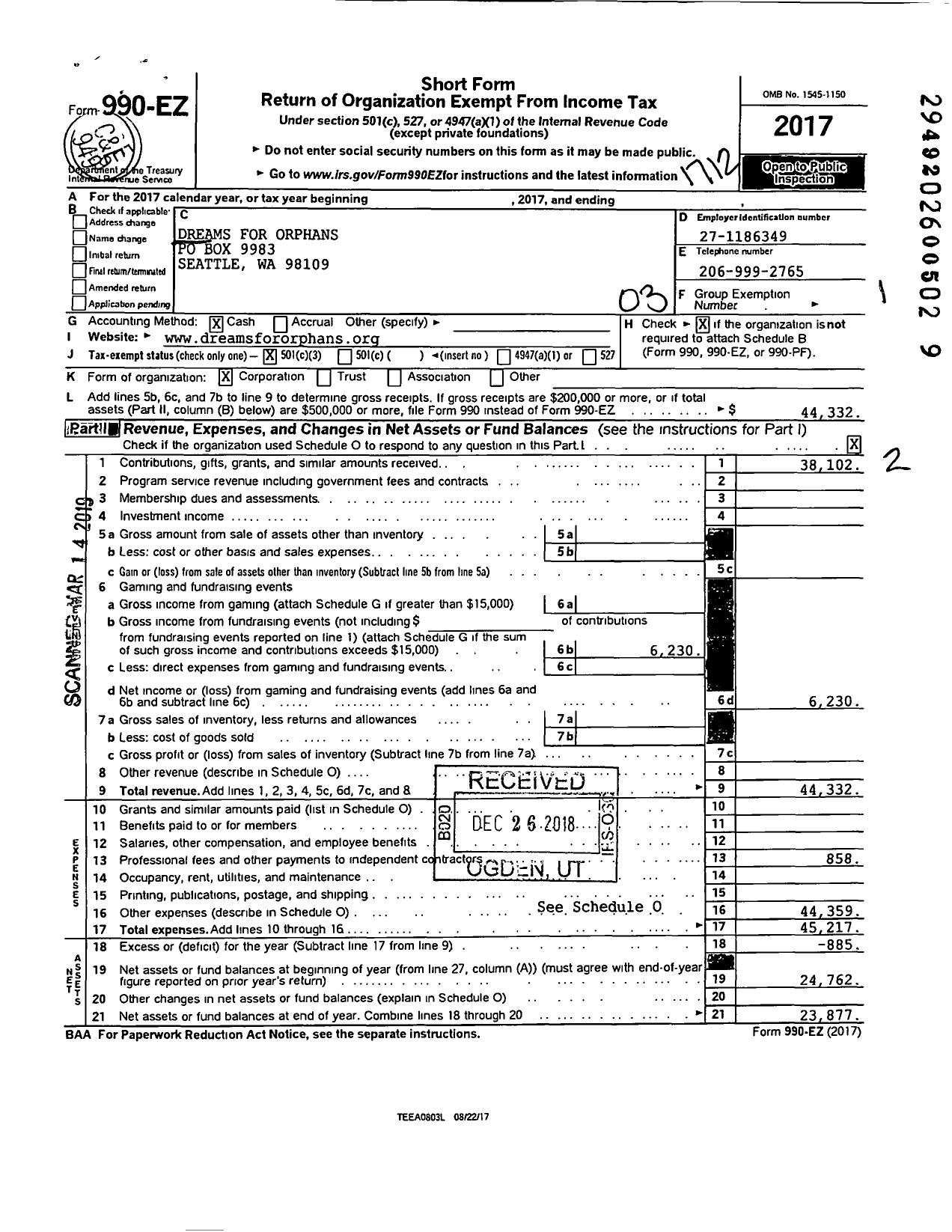 Image of first page of 2017 Form 990EZ for Dreams For Orphans