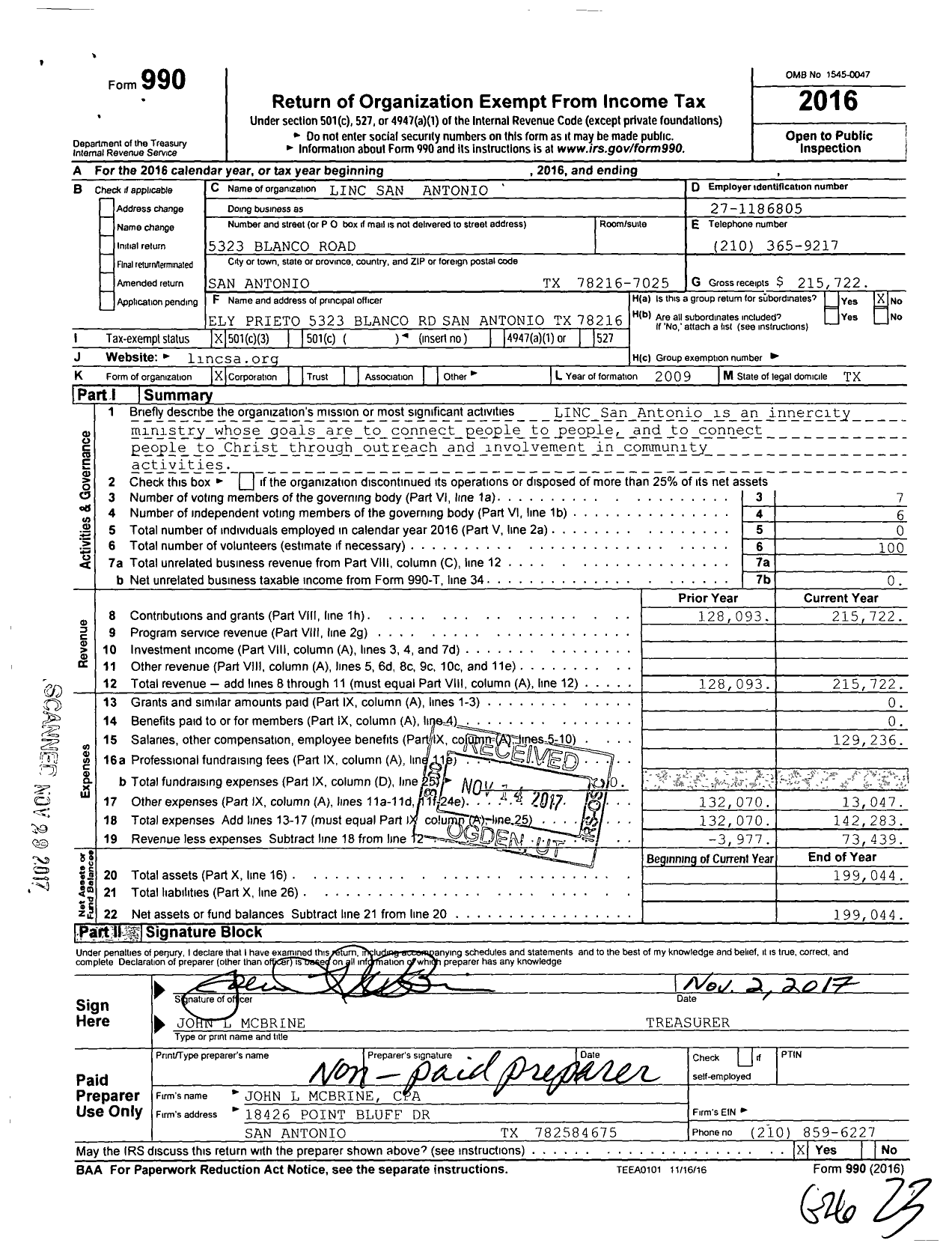 Image of first page of 2016 Form 990 for LINC San Antonio