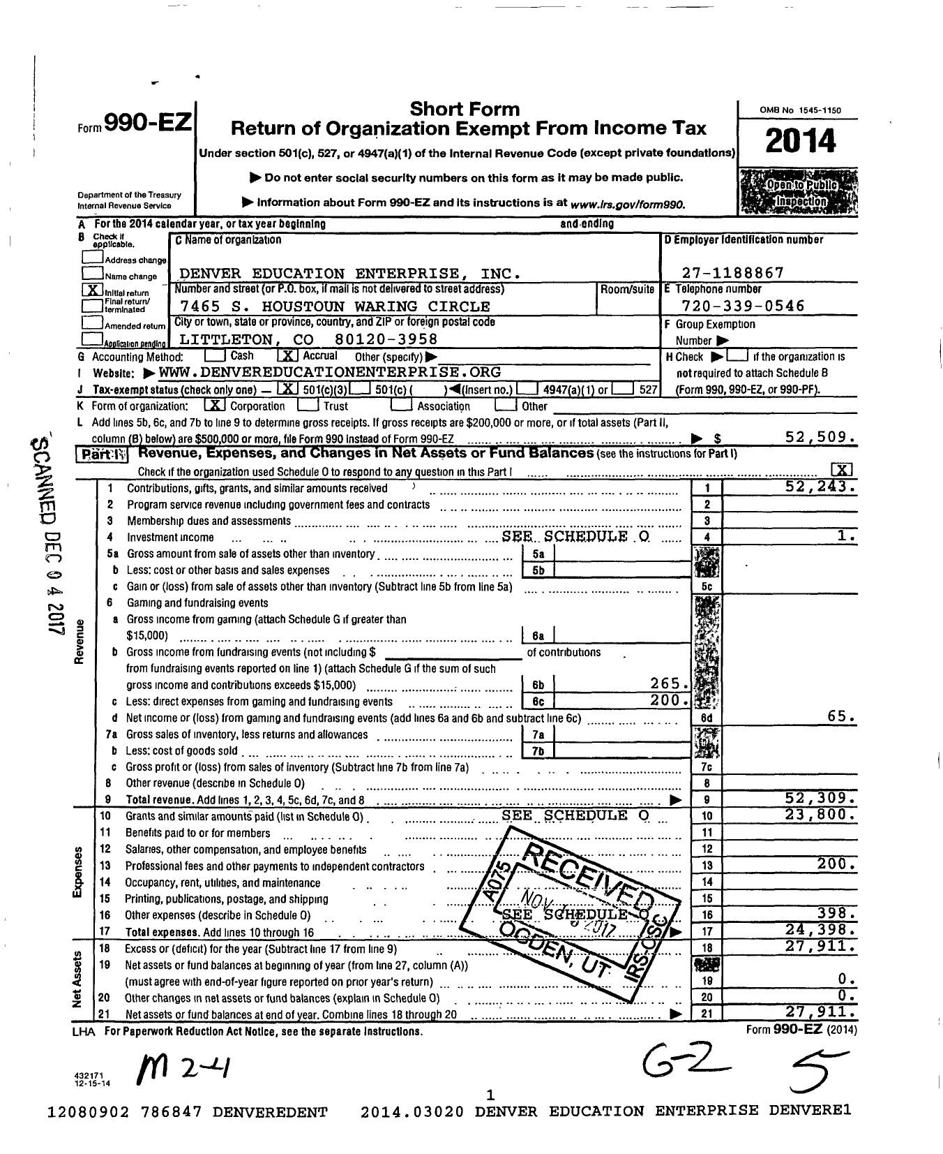 Image of first page of 2014 Form 990EZ for Denver Education Enterprise