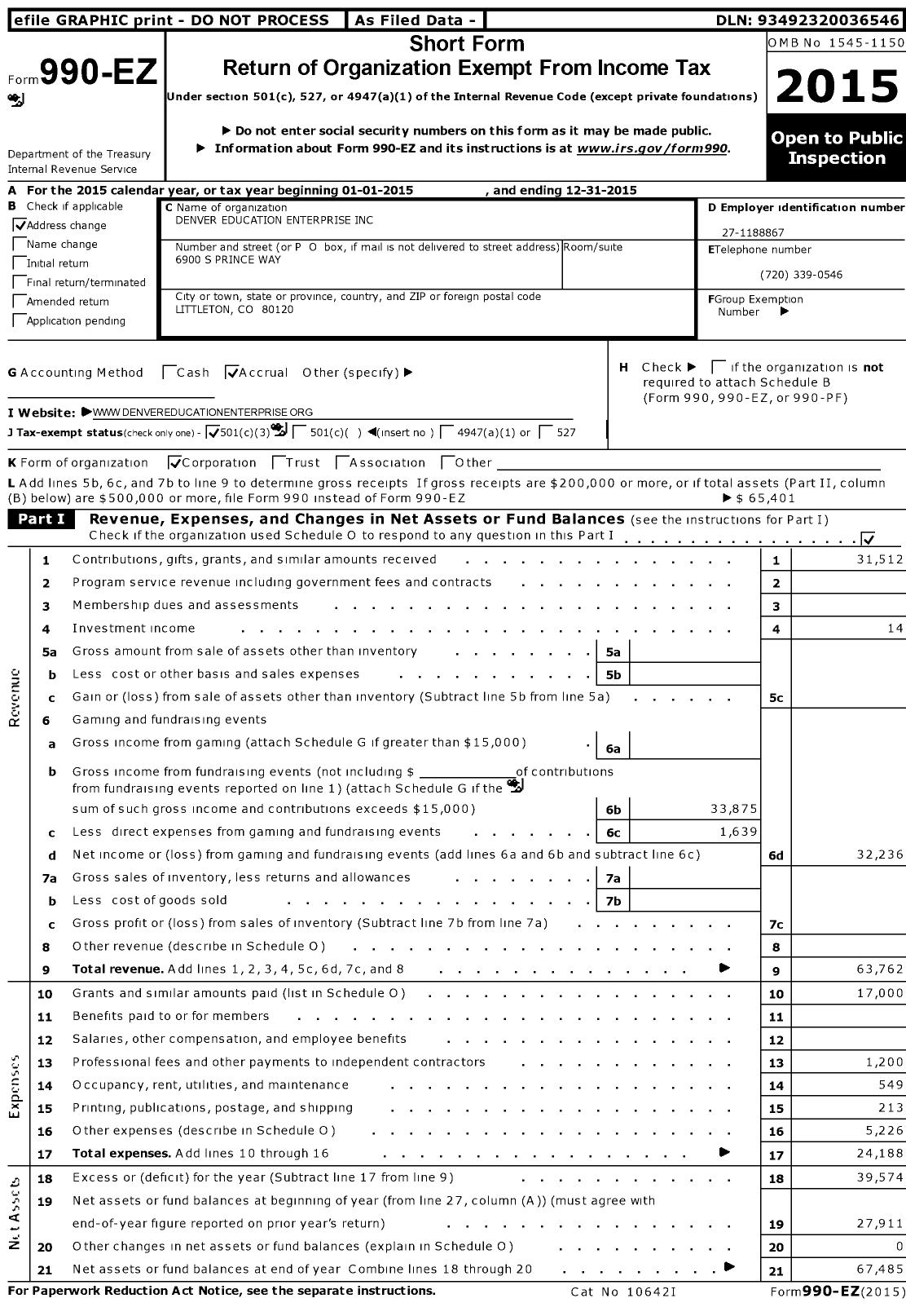 Image of first page of 2015 Form 990EZ for Denver Education Enterprise