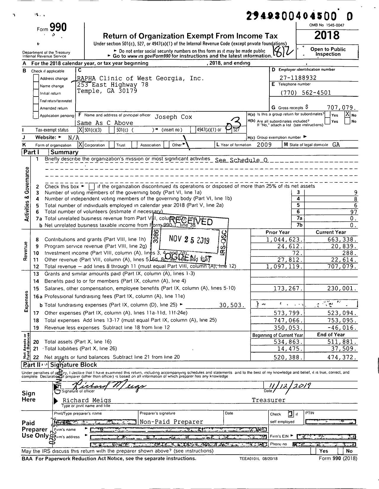 Image of first page of 2018 Form 990 for Rapha Clinic of West Georgia