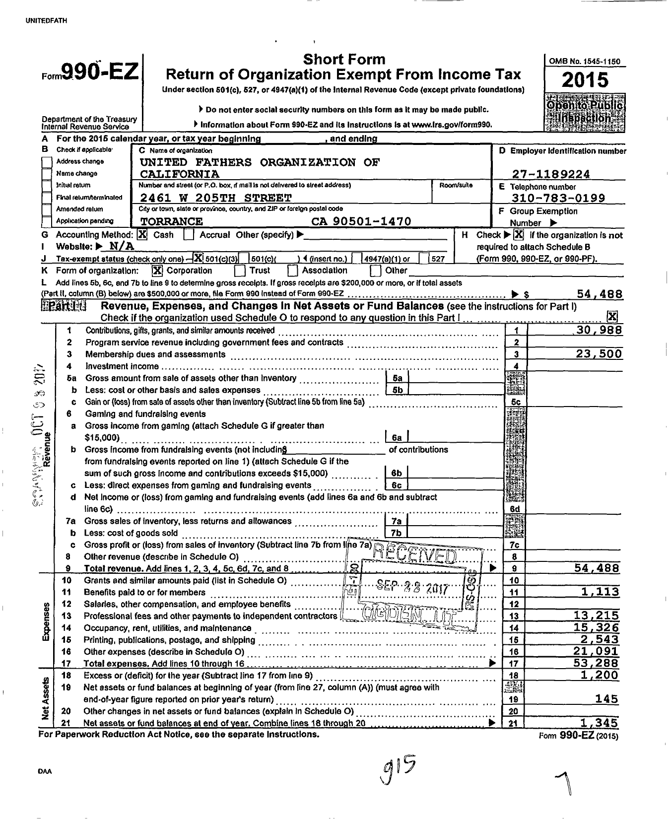 Image of first page of 2015 Form 990EZ for United Fathers Organizations of California