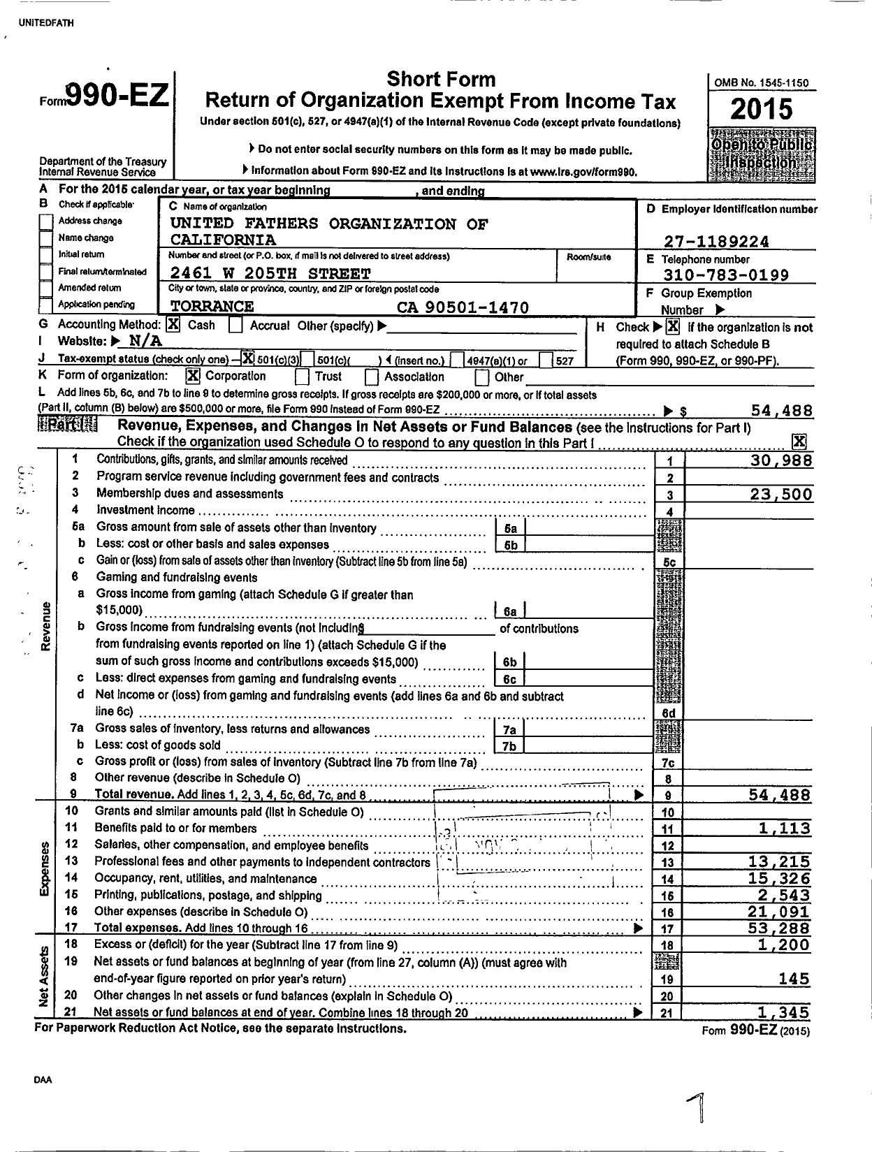 Image of first page of 2015 Form 990EZ for United Fathers Organizations of California