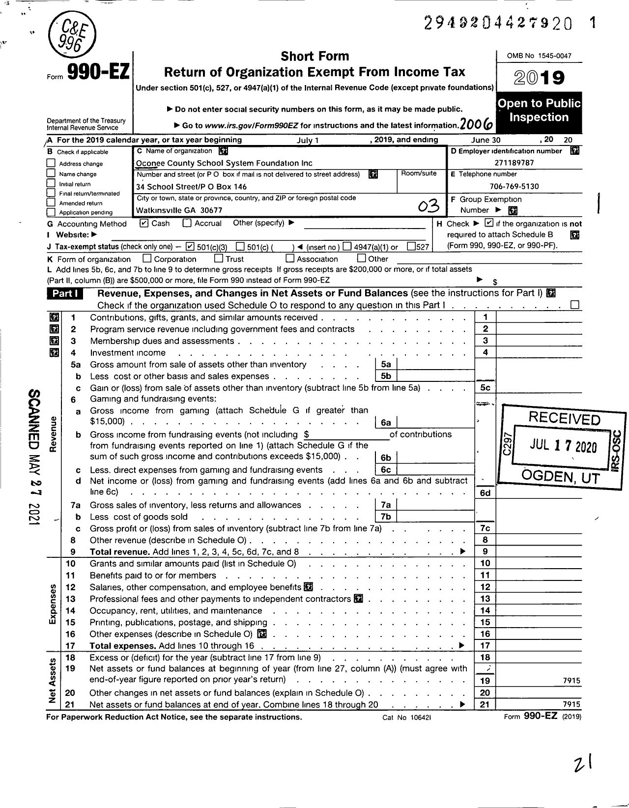 Image of first page of 2019 Form 990EZ for Oconee County School System Foundation