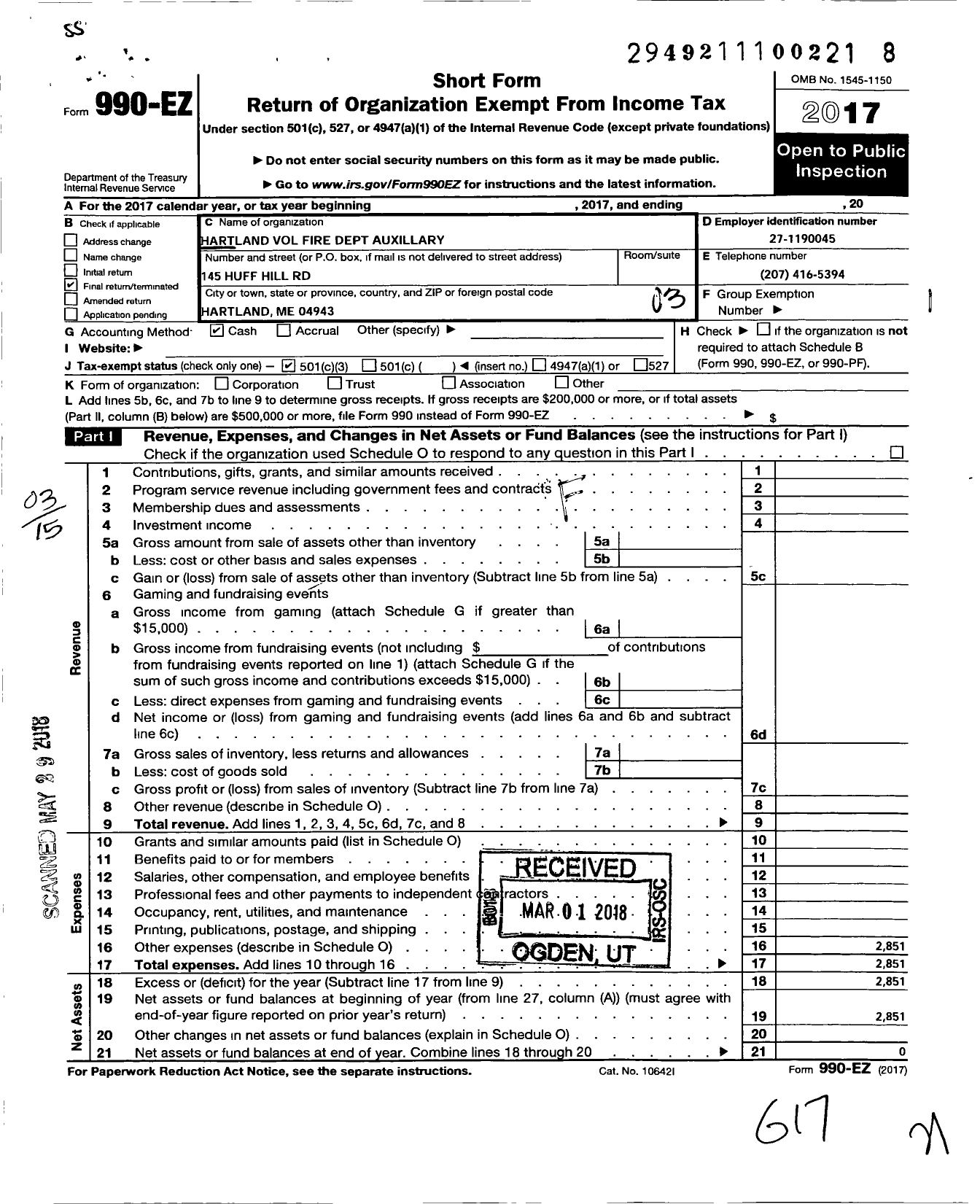 Image of first page of 2017 Form 990EZ for Hartland Volunteer Fire Dept Auxiliary