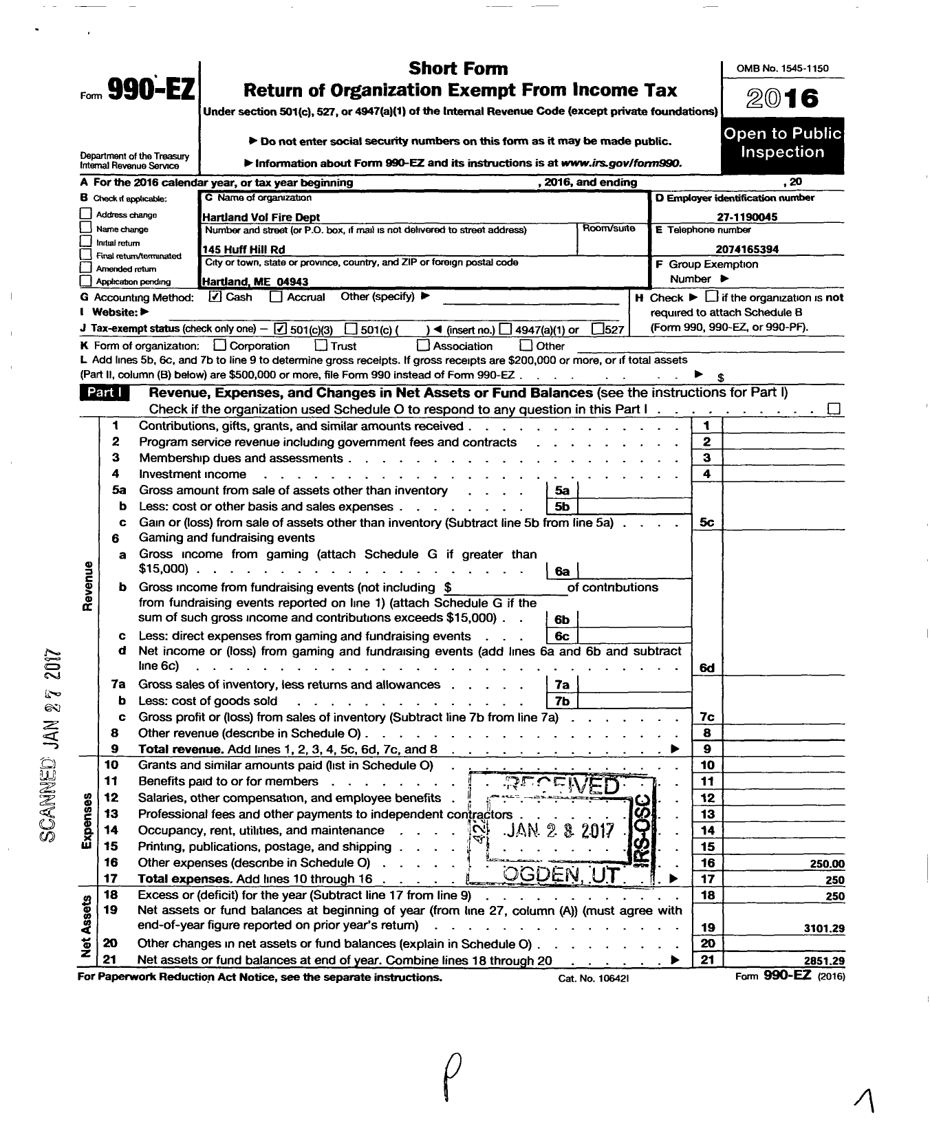 Image of first page of 2016 Form 990EZ for Hartland Volunteer Fire Dept Auxiliary