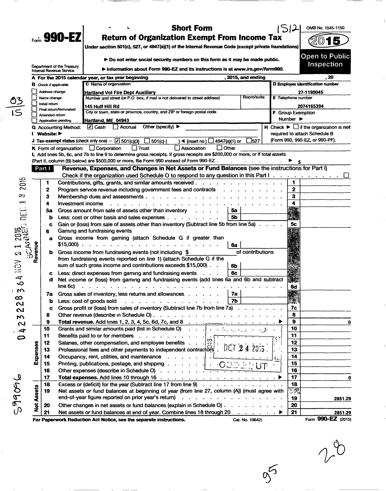 Image of first page of 2015 Form 990EZ for Hartland Volunteer Fire Dept Auxiliary