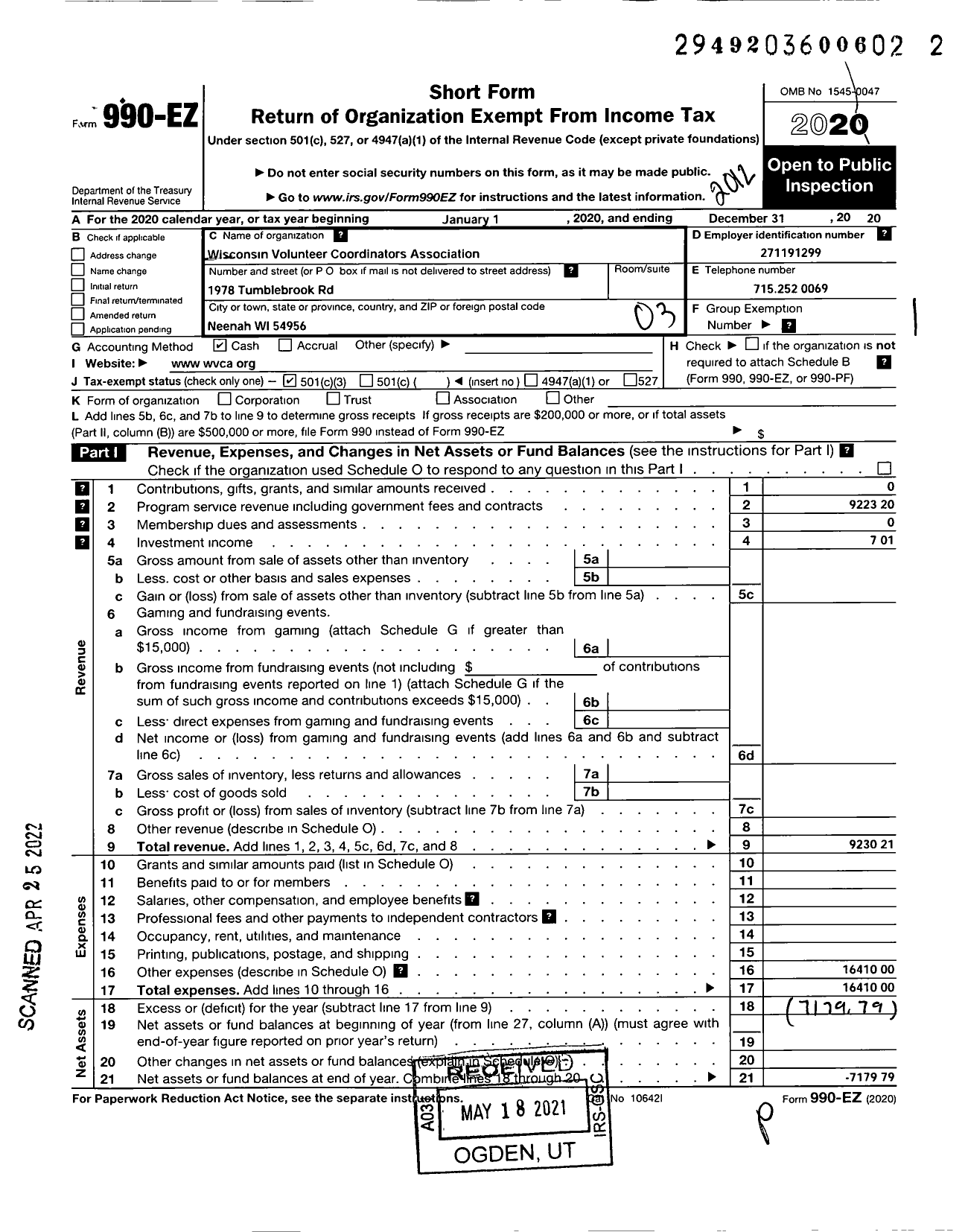 Image of first page of 2020 Form 990EZ for Wisconsin Volunteer Coordinators Association