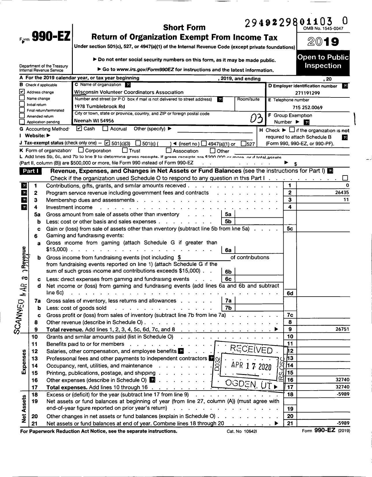 Image of first page of 2019 Form 990EZ for Wisconsin Volunteer Coordinators Association