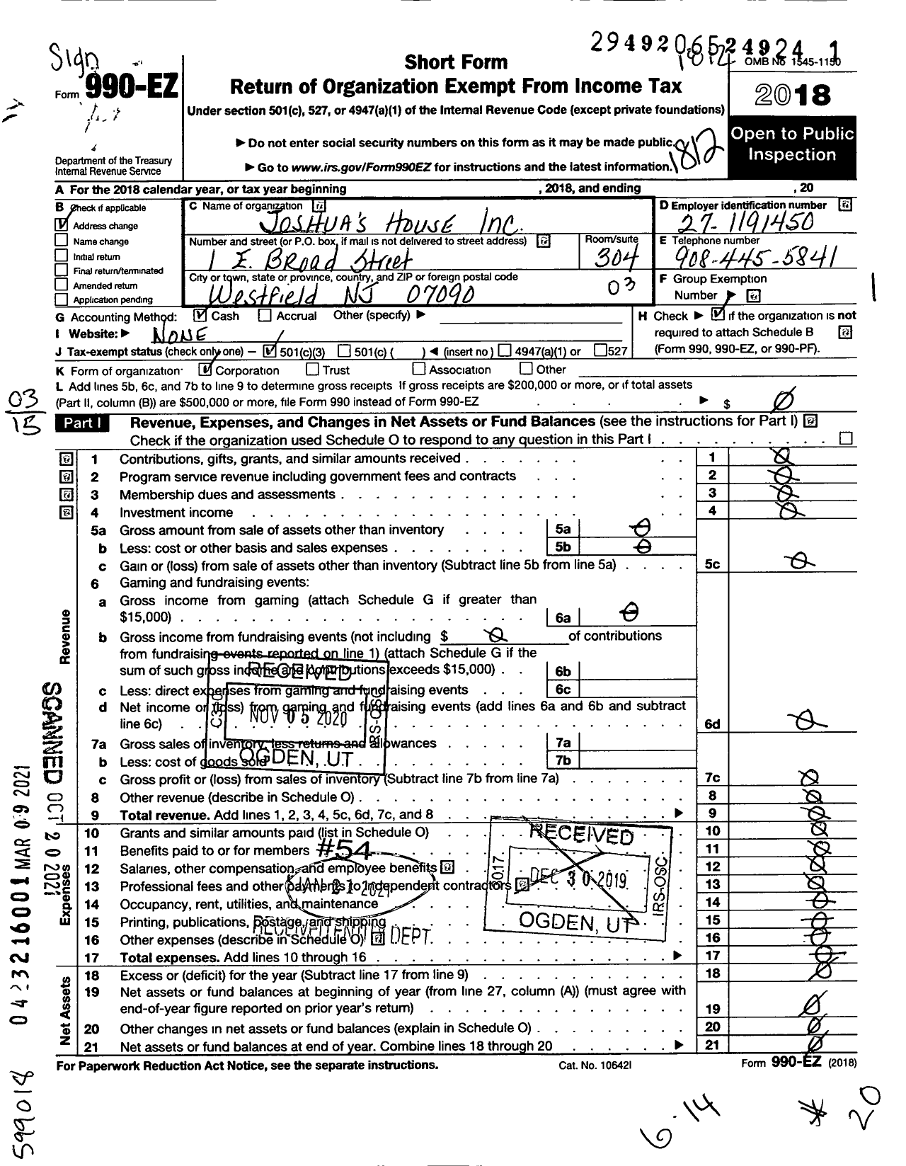 Image of first page of 2018 Form 990EZ for Joshuas House