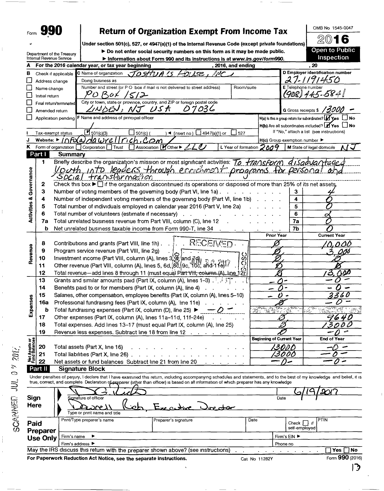 Image of first page of 2016 Form 990 for Joshuas House