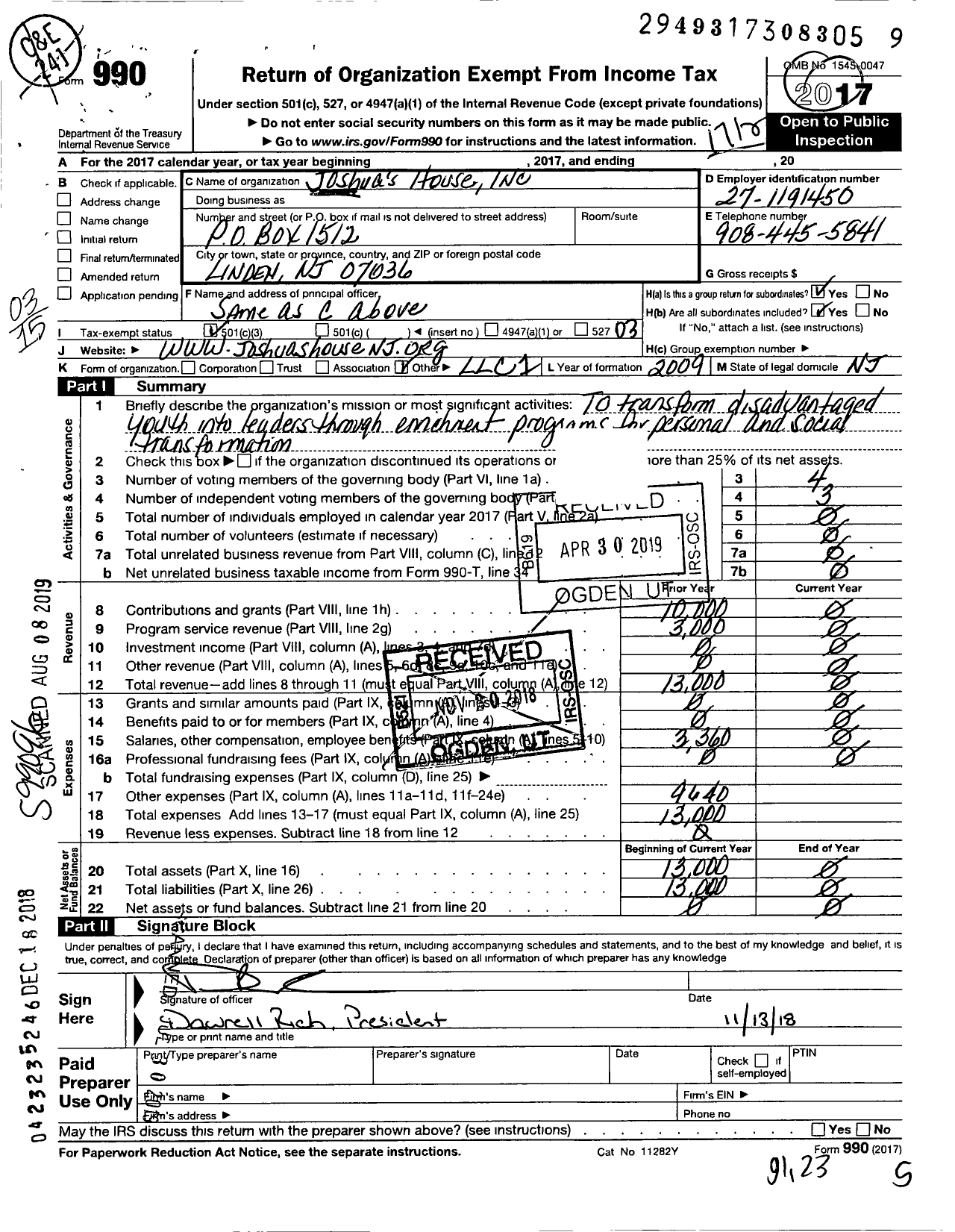 Image of first page of 2017 Form 990 for Joshuas House