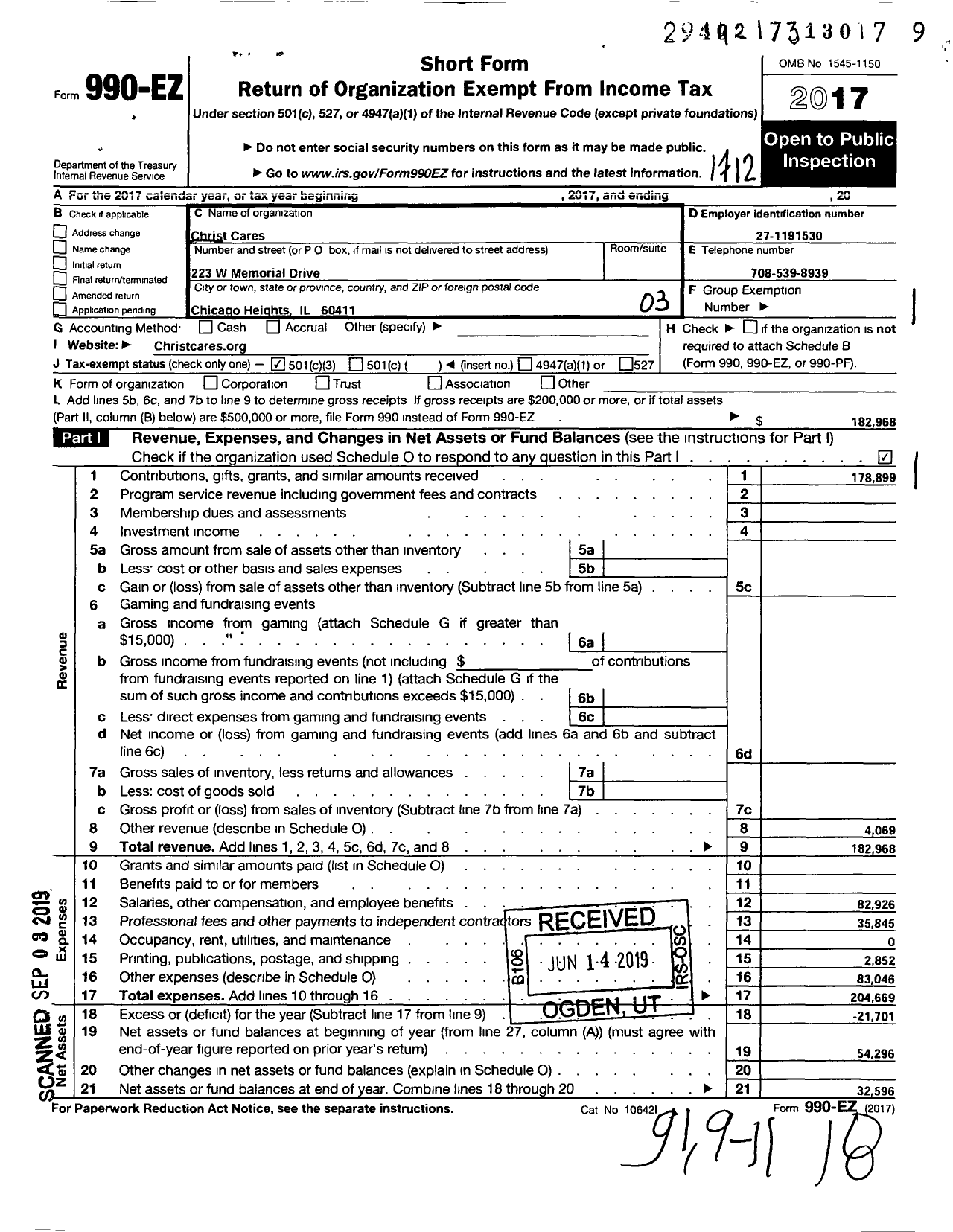 Image of first page of 2017 Form 990EZ for Christ Cares