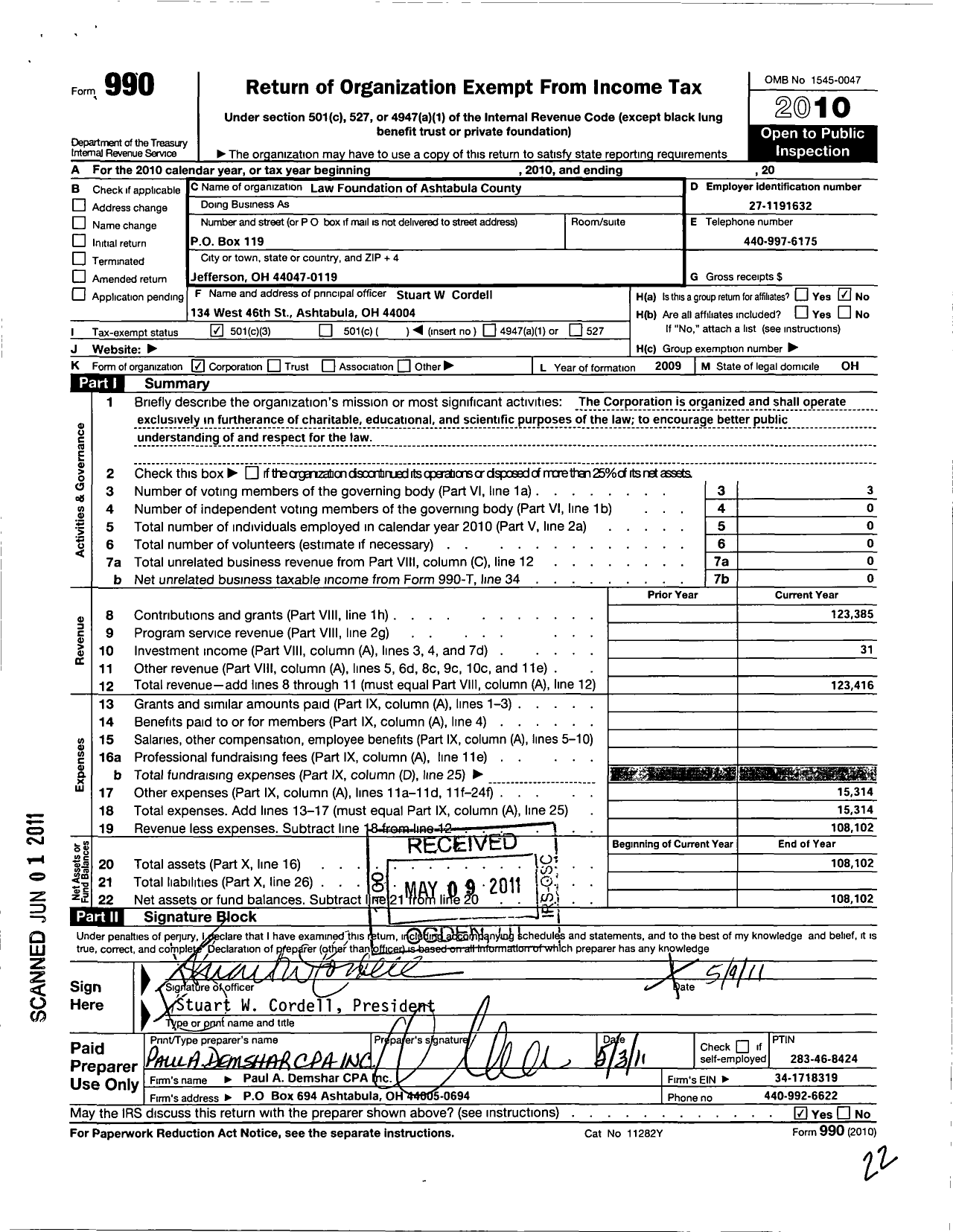 Image of first page of 2010 Form 990 for Law Foundation of Ashtabula County