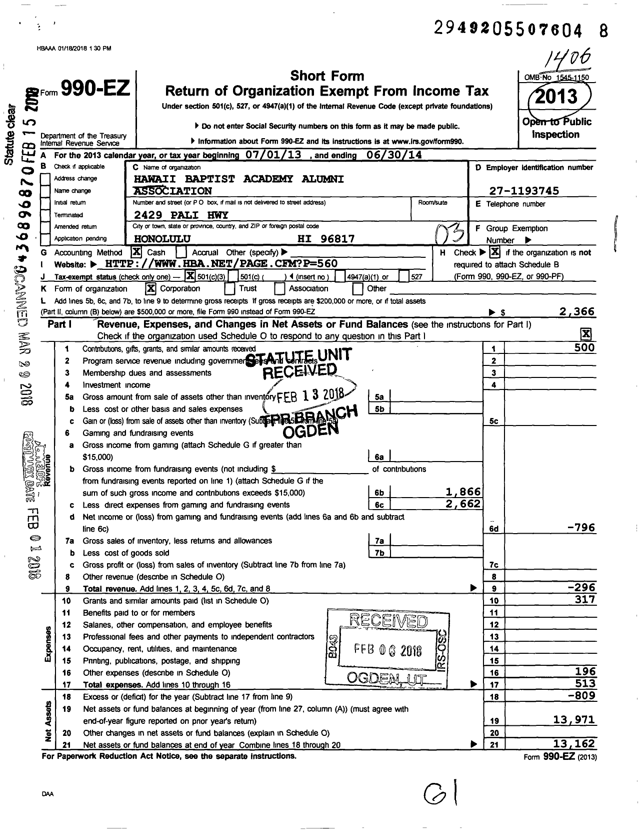 Image of first page of 2013 Form 990EZ for Hawaii Baptist Academy Alumni Association