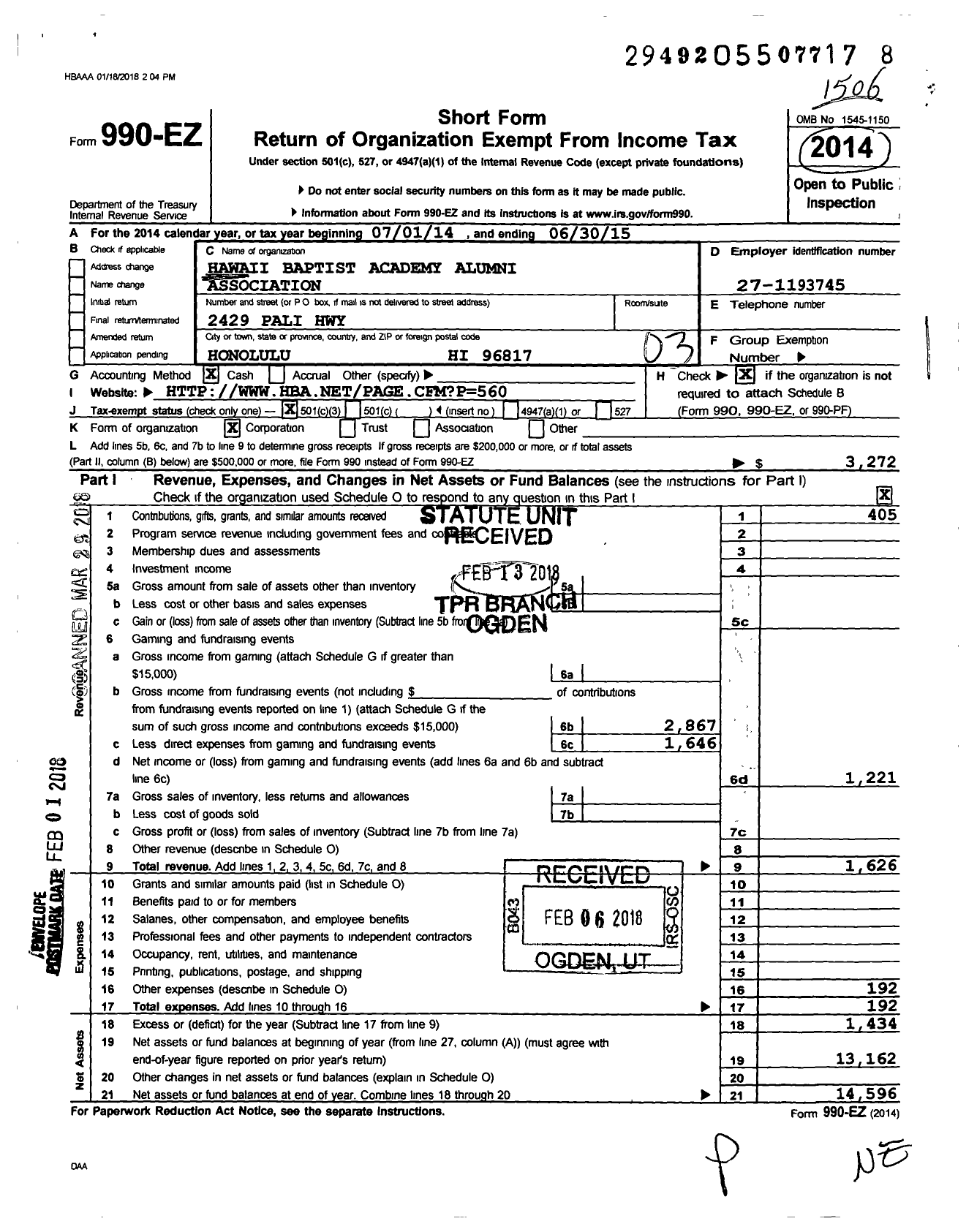 Image of first page of 2014 Form 990EZ for Hawaii Baptist Academy Alumni Association