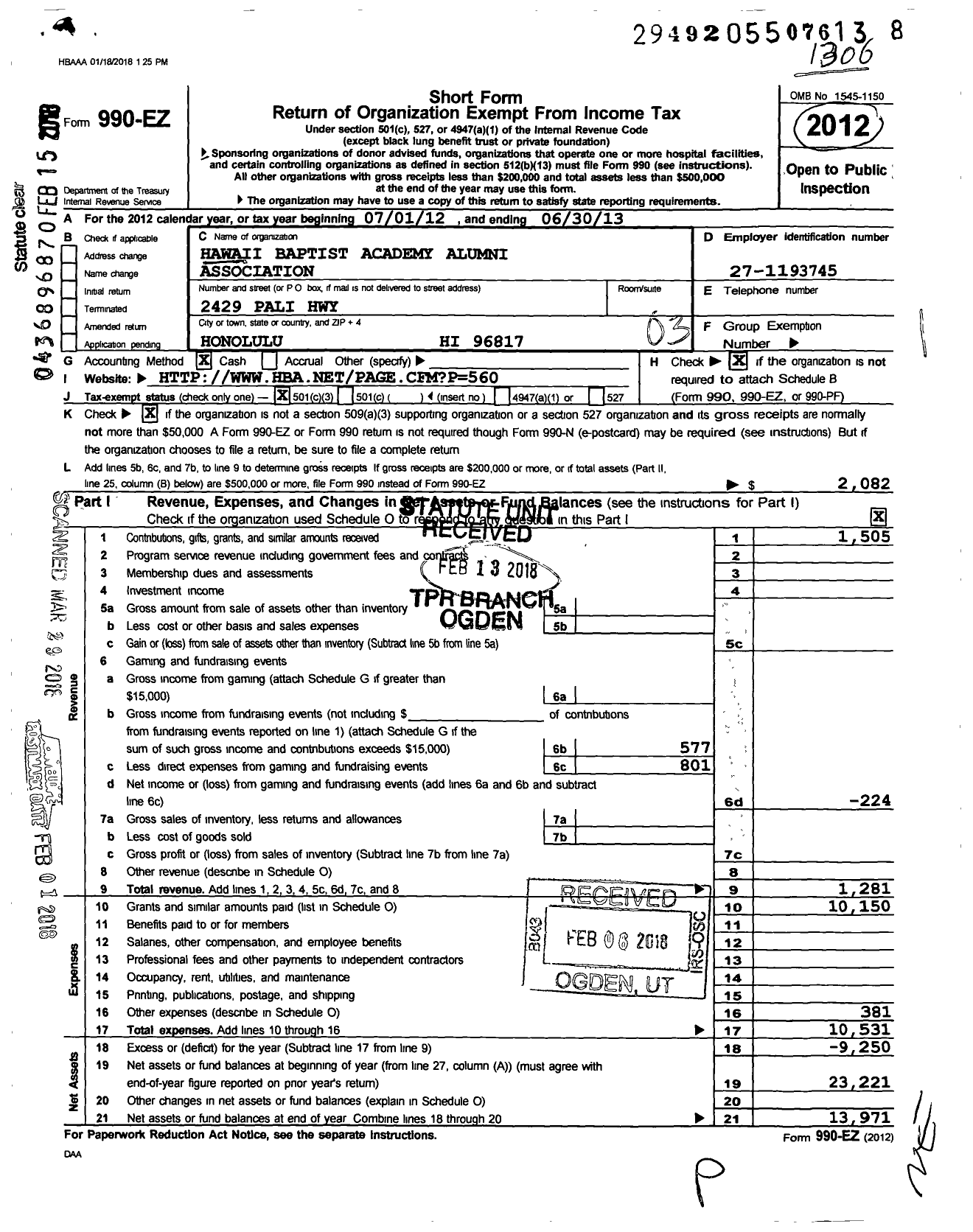 Image of first page of 2012 Form 990EZ for Hawaii Baptist Academy Alumni Association