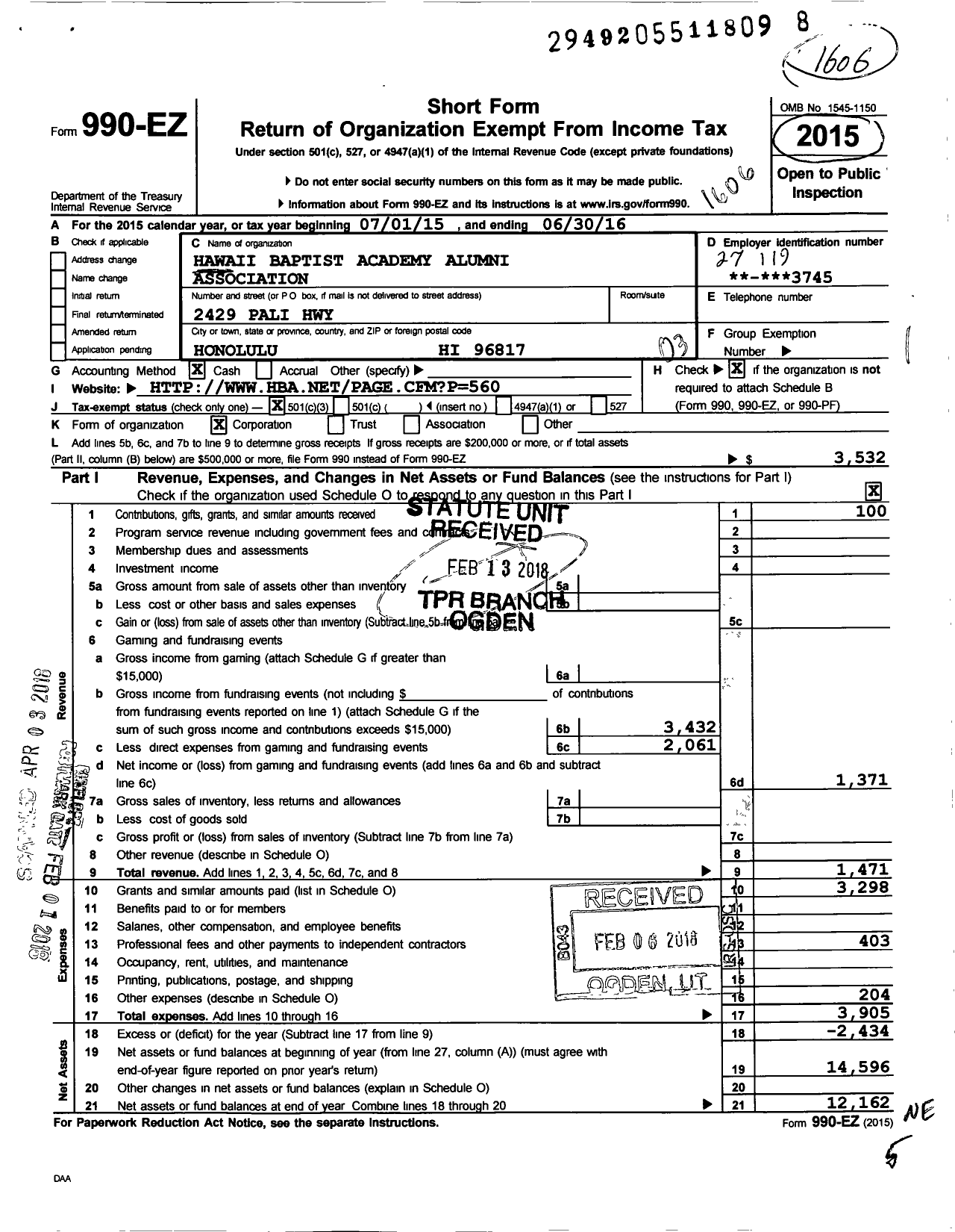 Image of first page of 2015 Form 990EZ for Hawaii Baptist Academy Alumni Association