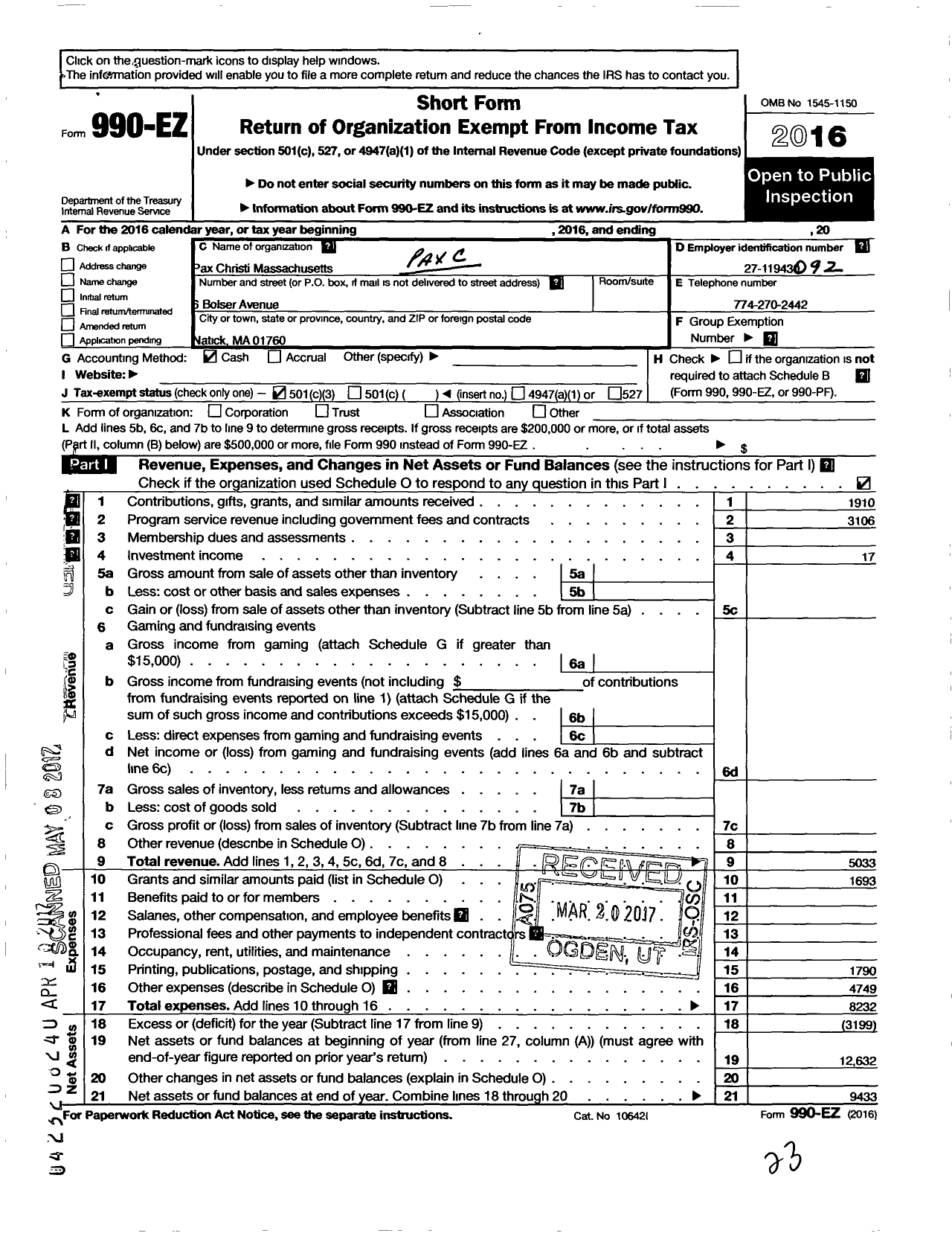 Image of first page of 2016 Form 990EZ for Pax Christi Massachusetts