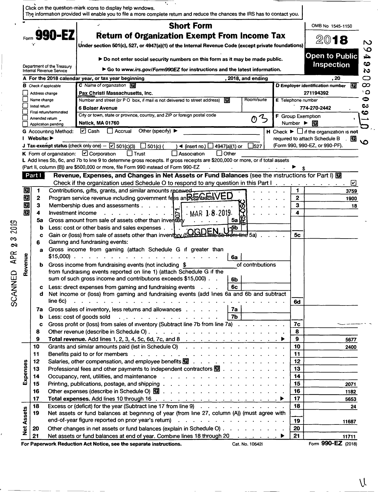 Image of first page of 2018 Form 990EZ for Pax Christi Massachusetts