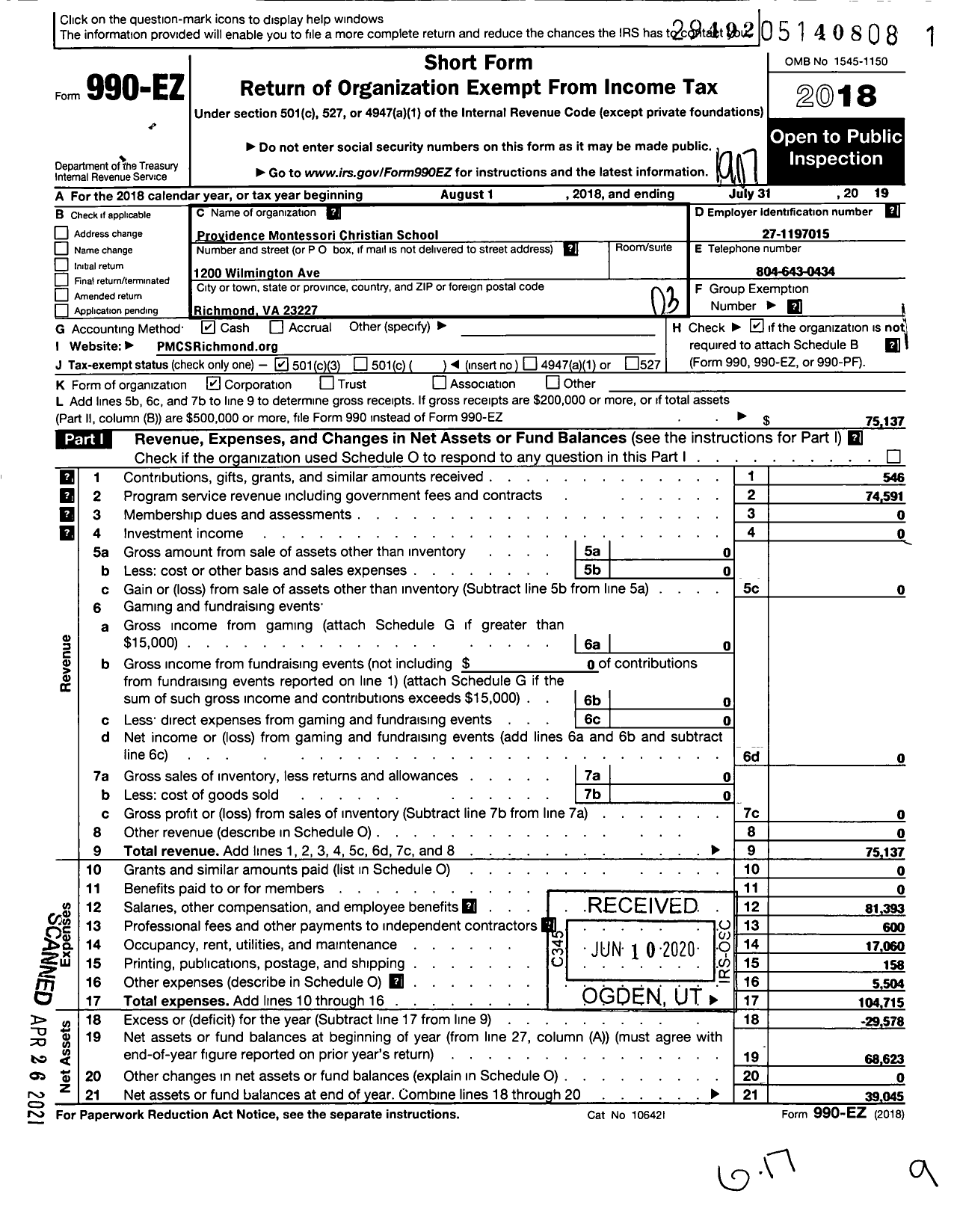 Image of first page of 2018 Form 990EZ for Providence Montessori Christian School