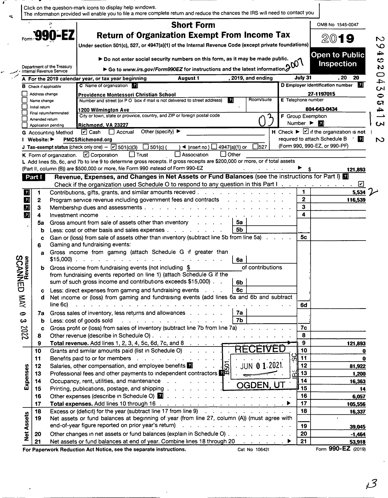Image of first page of 2019 Form 990EZ for Providence Montessori Christian School