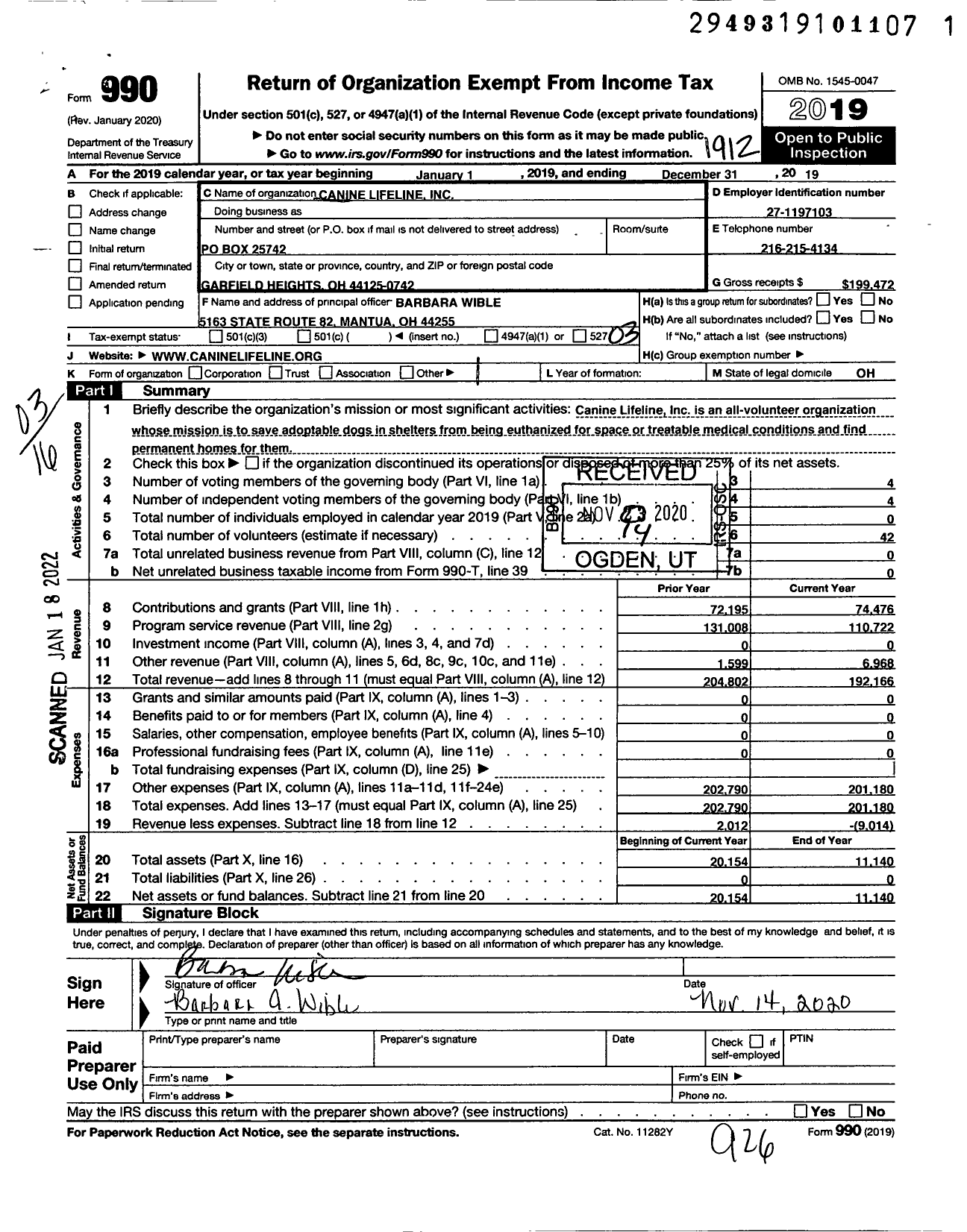 Image of first page of 2019 Form 990 for Canine Lifeline