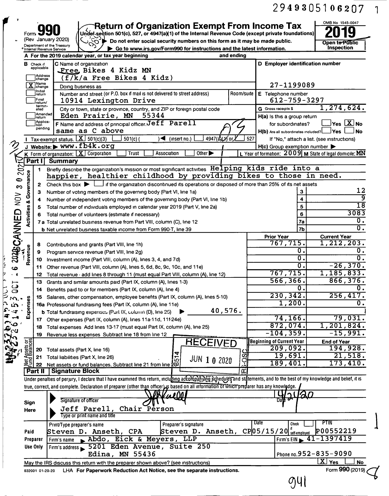 Image of first page of 2019 Form 990 for Free Bikes 4 Kidz MN