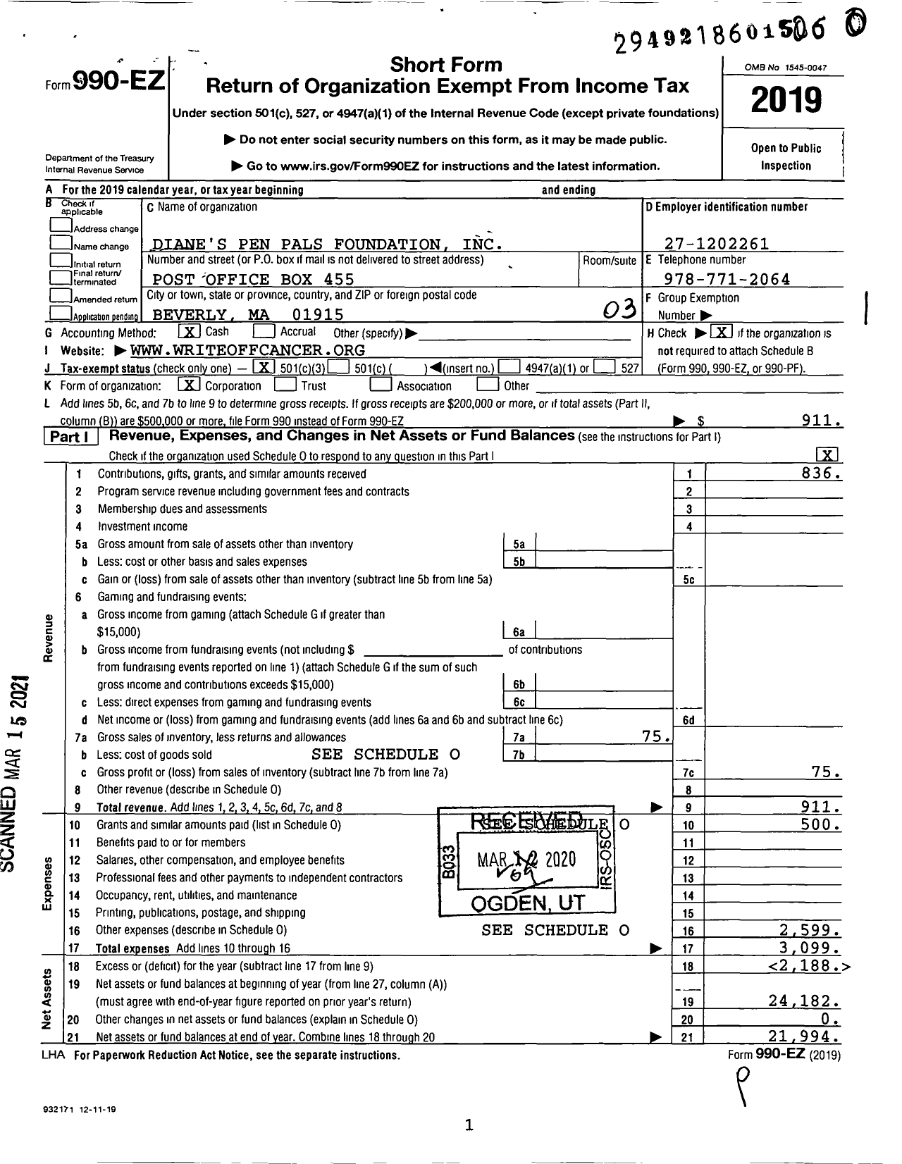 Image of first page of 2019 Form 990EZ for Diane's Pen Pals Foundation