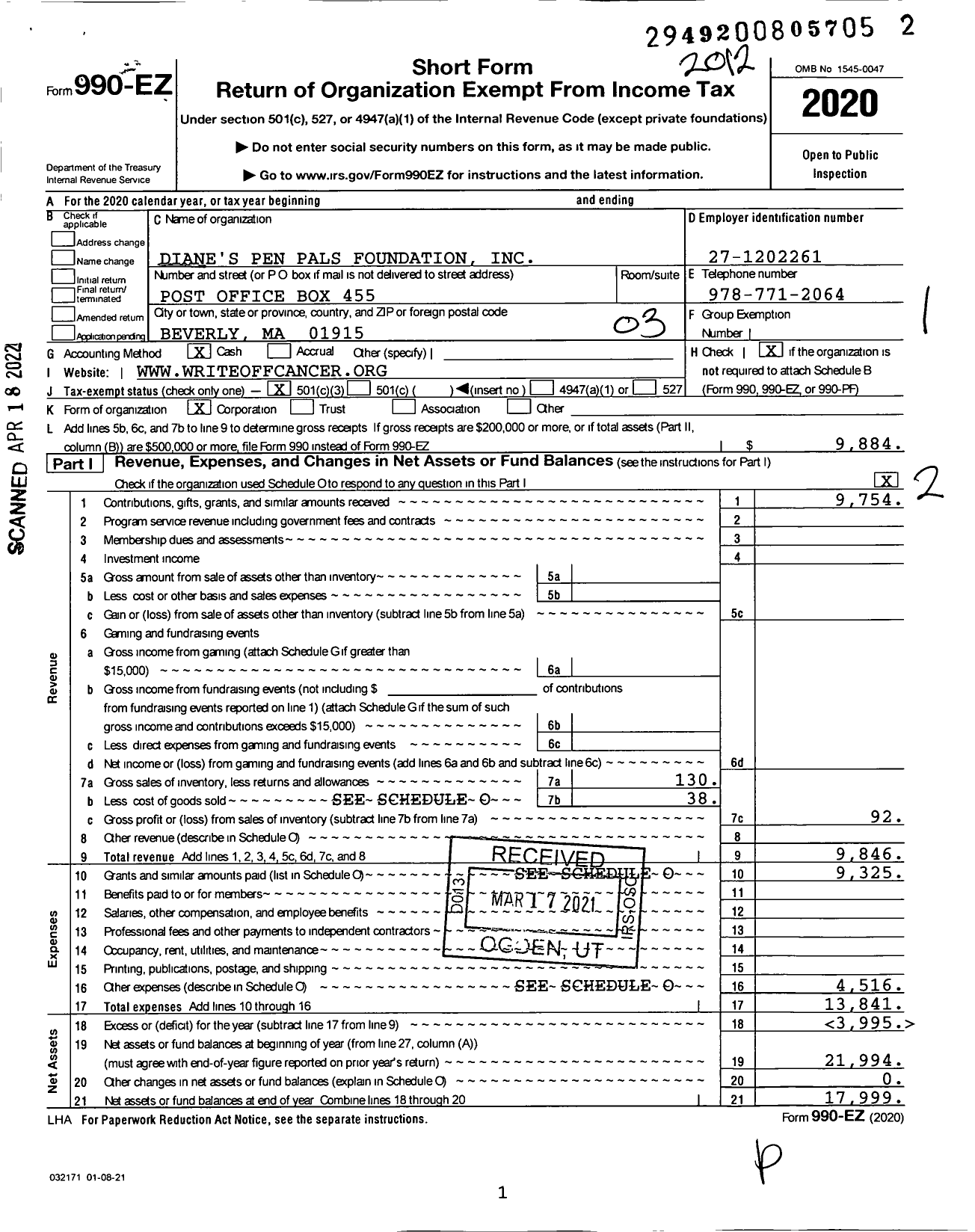 Image of first page of 2020 Form 990EZ for Diane's Pen Pals Foundation