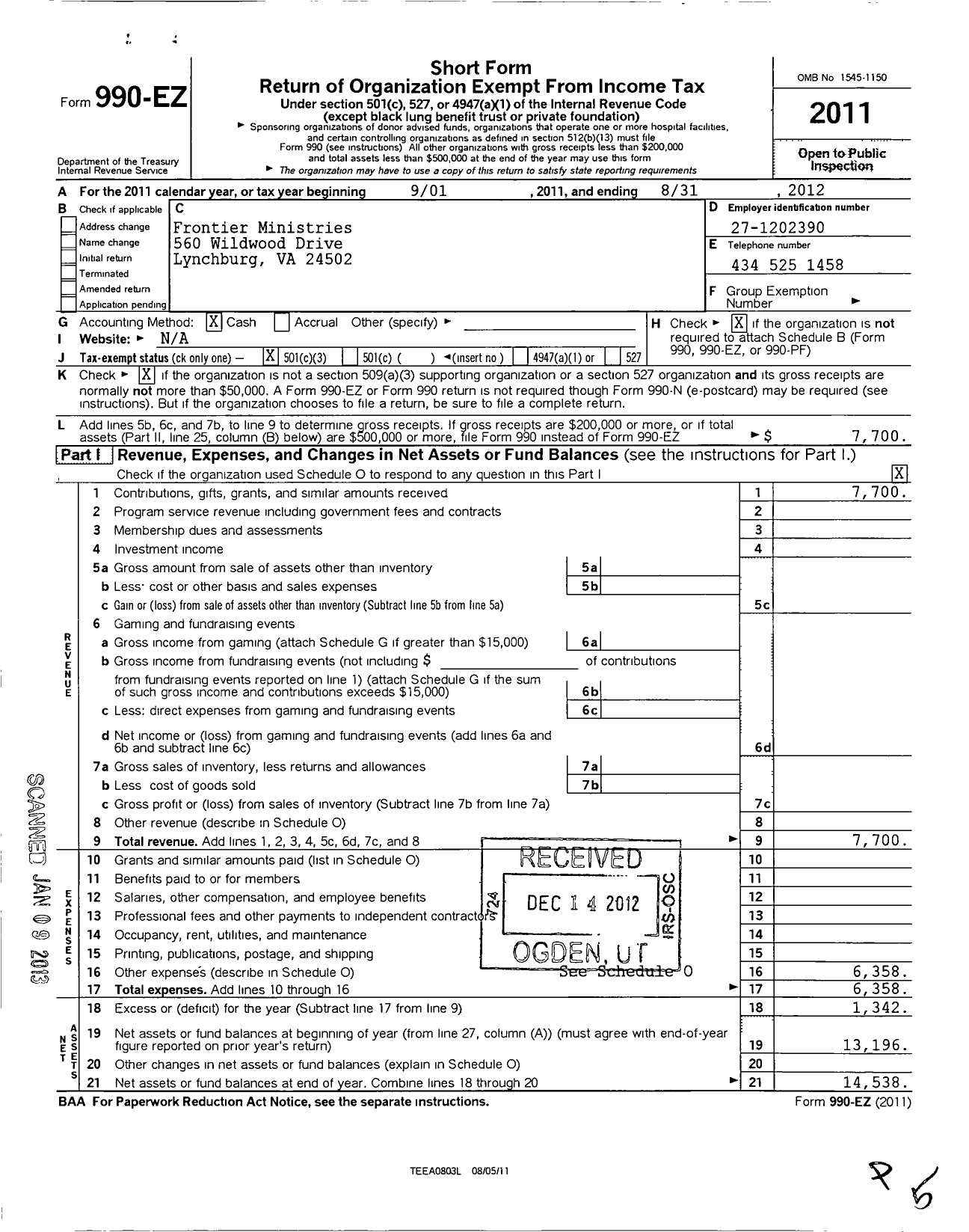 Image of first page of 2011 Form 990EZ for Frontier Ministries