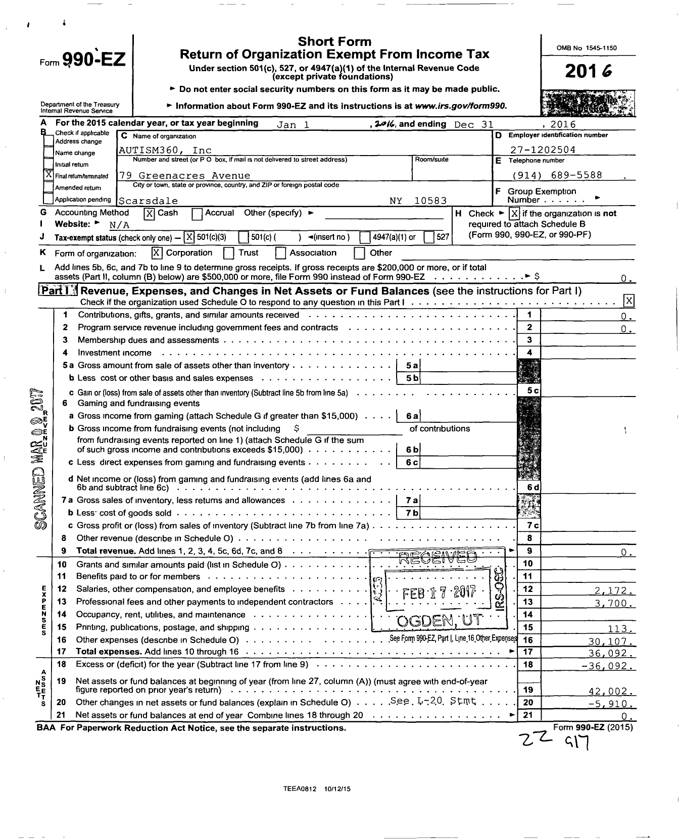 Image of first page of 2016 Form 990EZ for Autism360