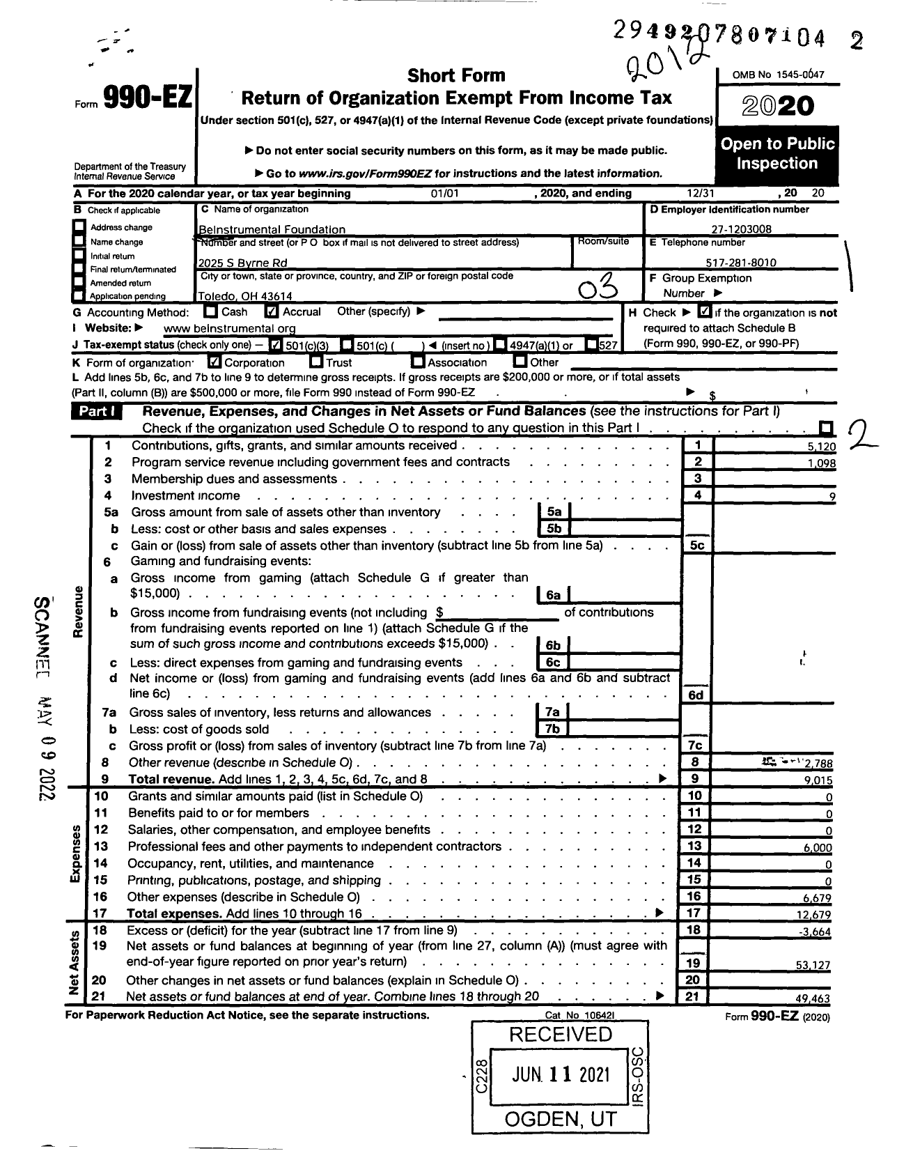 Image of first page of 2020 Form 990EZ for Beinstrumental Foundation