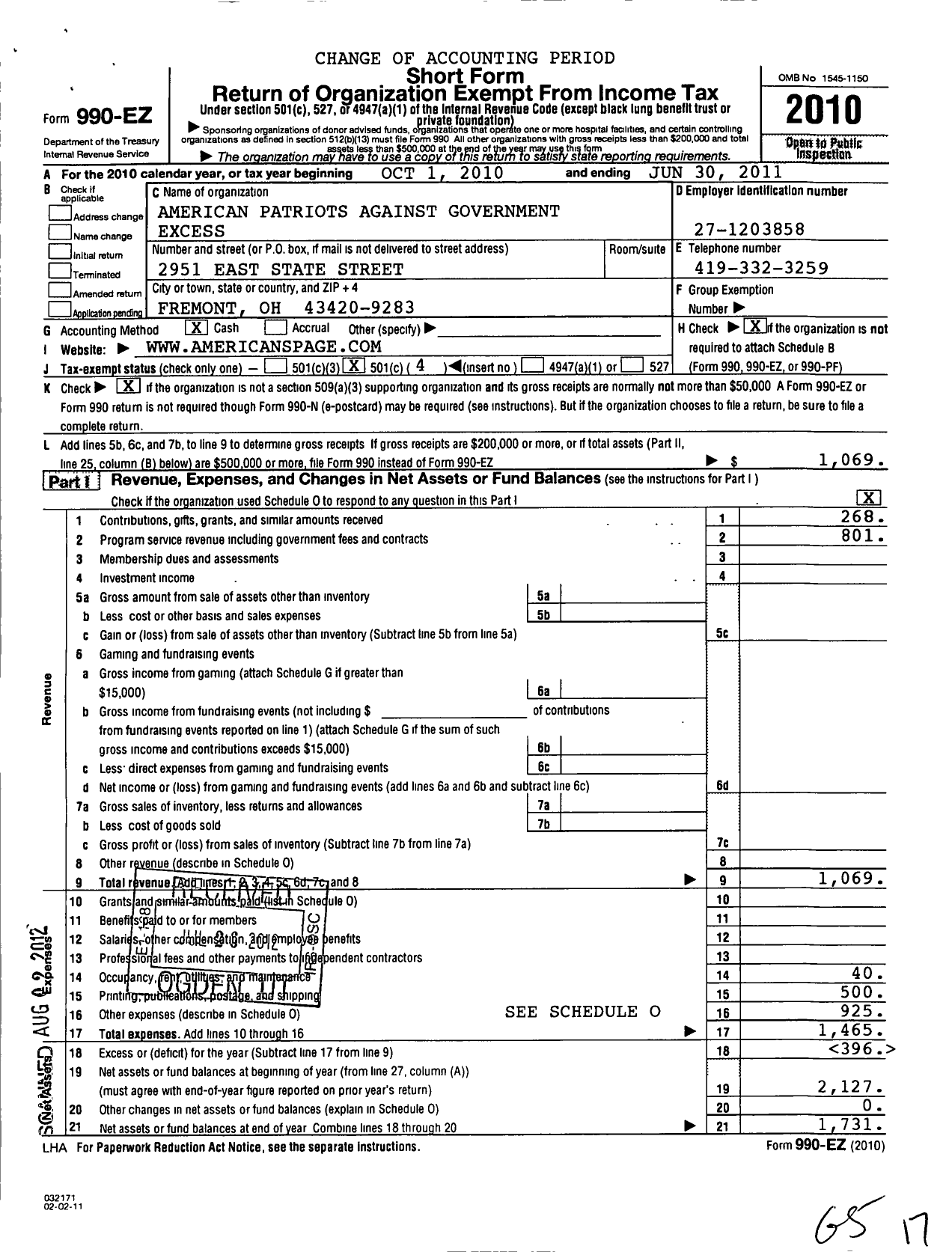 Image of first page of 2010 Form 990EO for American Patriots Against Government Excess