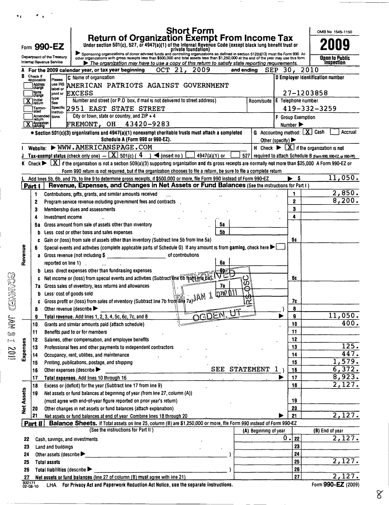 Image of first page of 2009 Form 990EO for American Patriots Against Government Excess