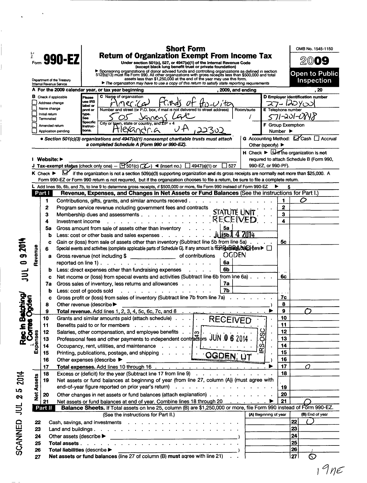 Image of first page of 2009 Form 990EZ for American Friends of Pro Vita Orphanage