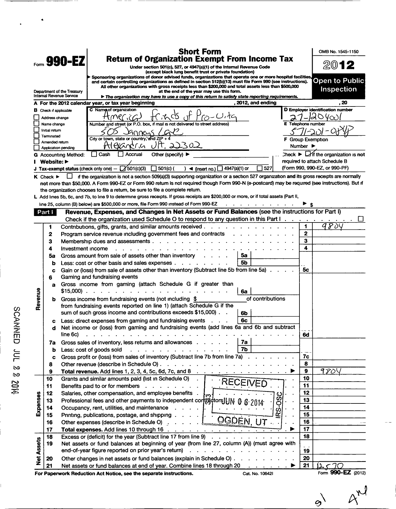 Image of first page of 2012 Form 990EZ for American Friends of Pro Vita Orphanage