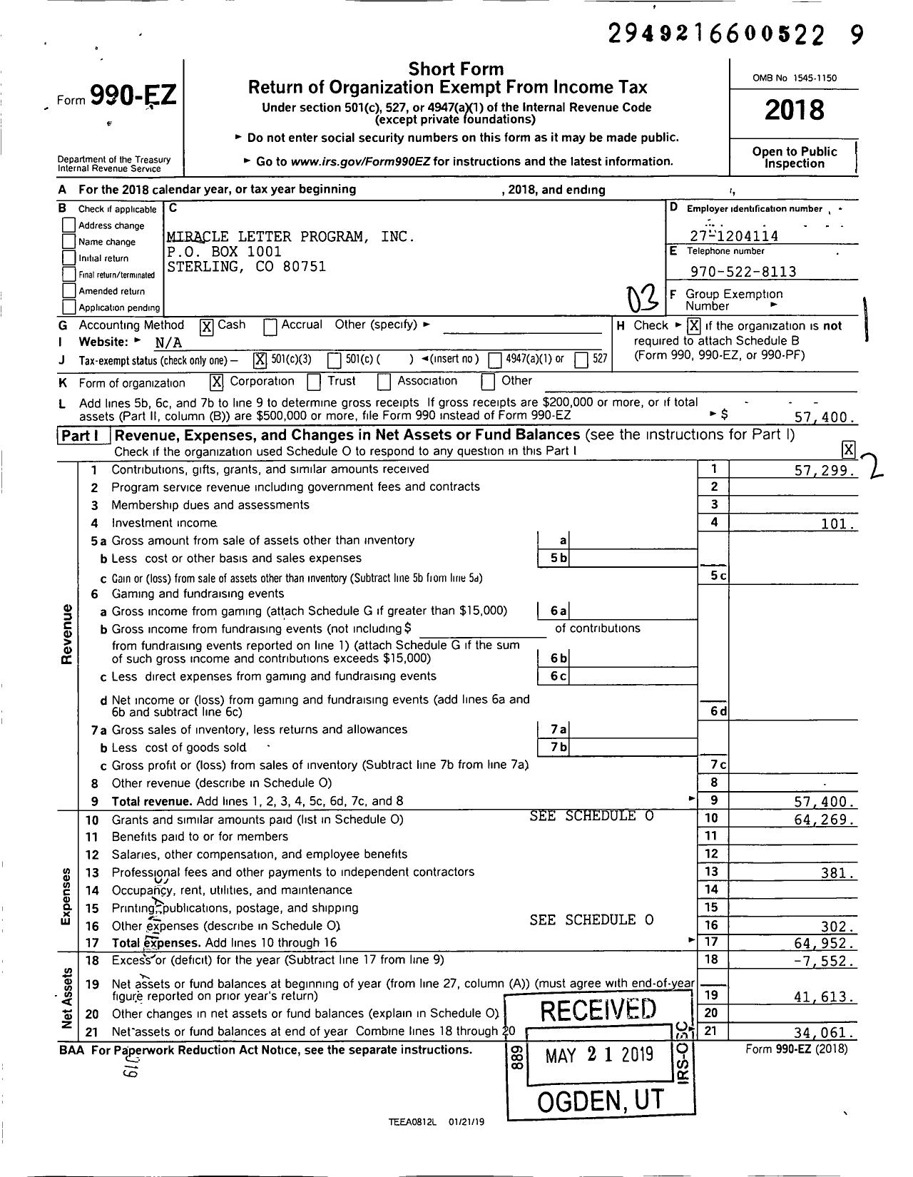 Image of first page of 2018 Form 990EZ for Miracle Letter Program