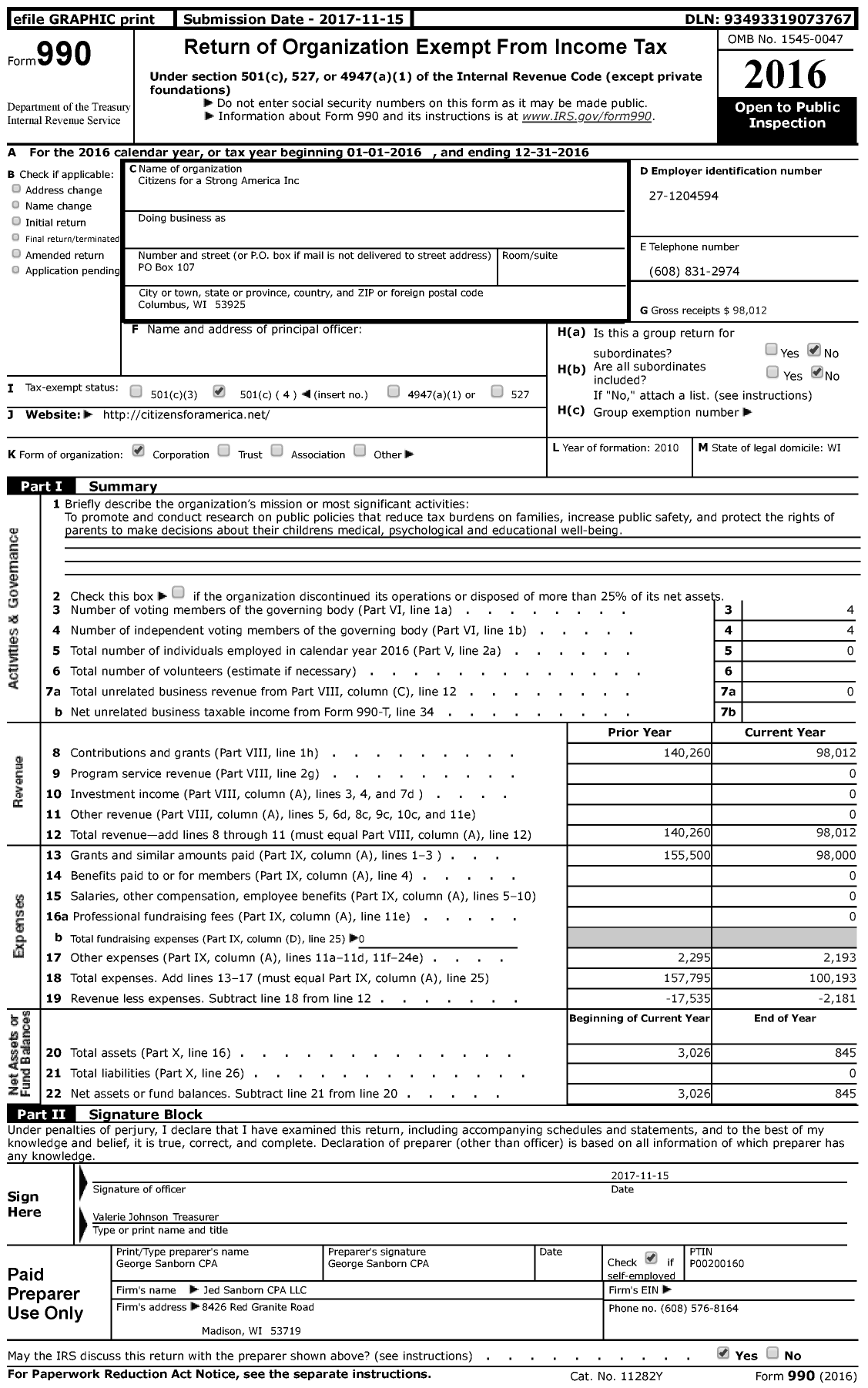 Image of first page of 2016 Form 990 for Citizens for a Strong America